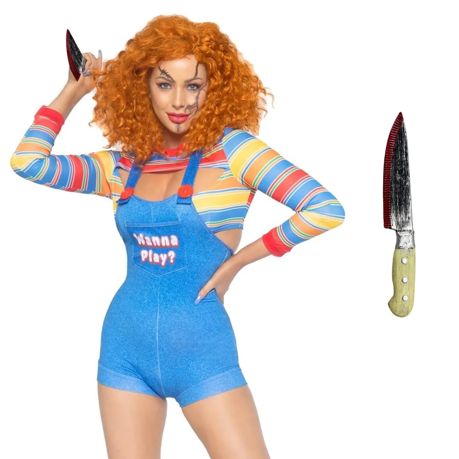 Aleshime Chucky Costume Women Halloween Fancy Dress, Ladies Scary Nightmare Killer Doll Wanna Play Movie Character Bodysuit Chucky Doll Cosplay Costume Set (Blue B, L)