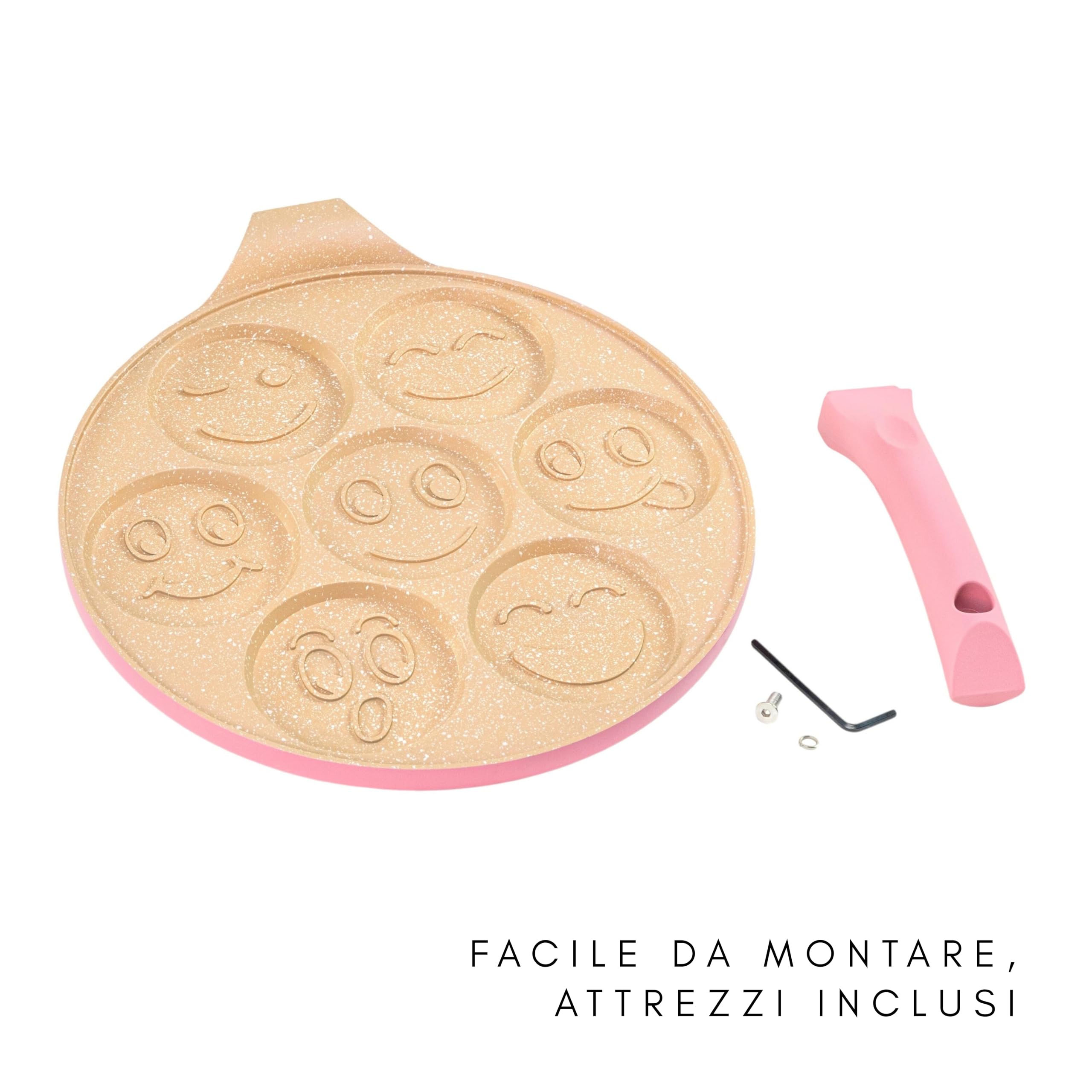 Erreke Padella per Pancake, Crepiera, Tutti i Piani Cottura e Induzione, Doppio Rivestimento Antiaderente, Design Faccine, Manico Soft-Touch, 7 Pancake o Crepe, 26 cm Colore Rosa