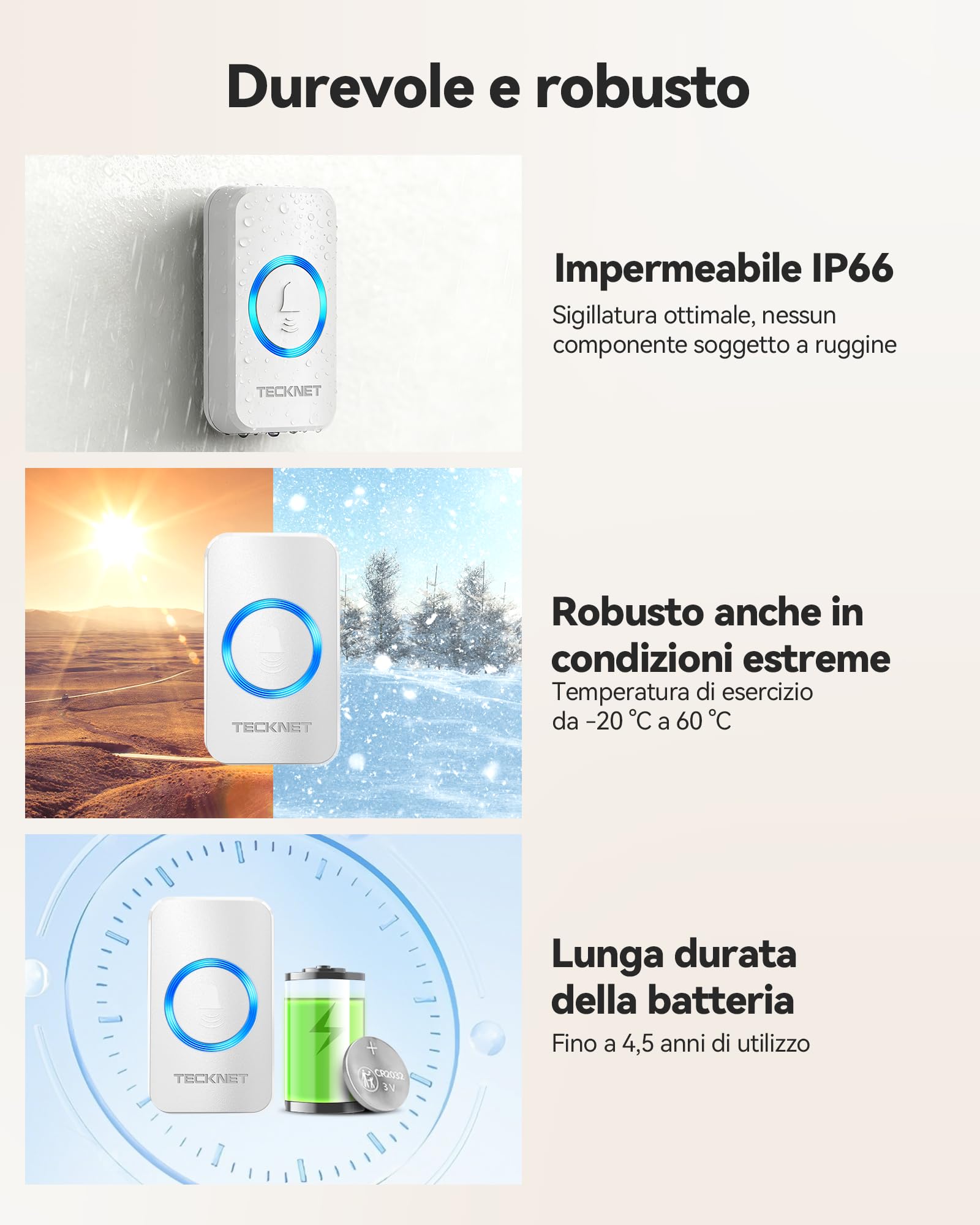 TECKNET Campanello radio alimentato a batteria, mini campanello wireless 400 m, IP65 per esterni, impermeabile, 5 livelli di volume, campanello e 60 melodie con indicatore LED