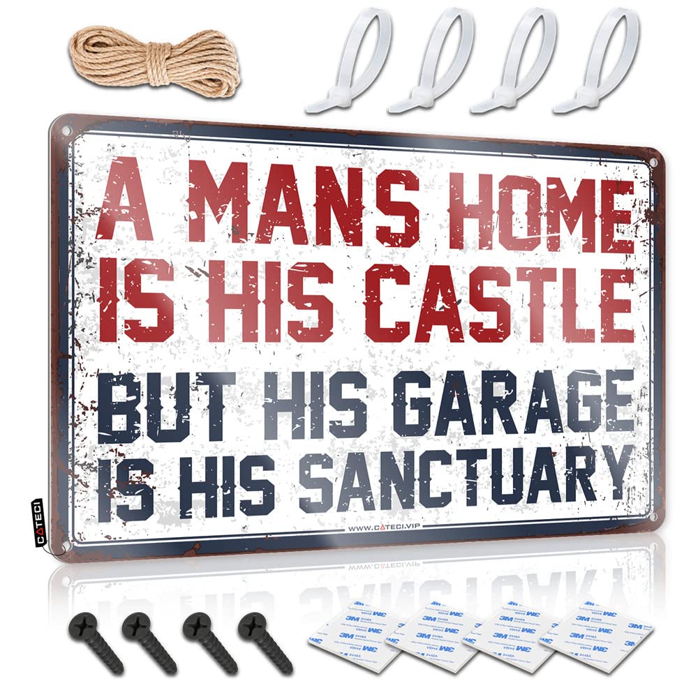 STWNVOITV Funny Sogns A Man'S Home Is His Castle But Garage Is Sanctuary Sign Funny Kitchen Signs Funny Poster Sign(20X30CM)