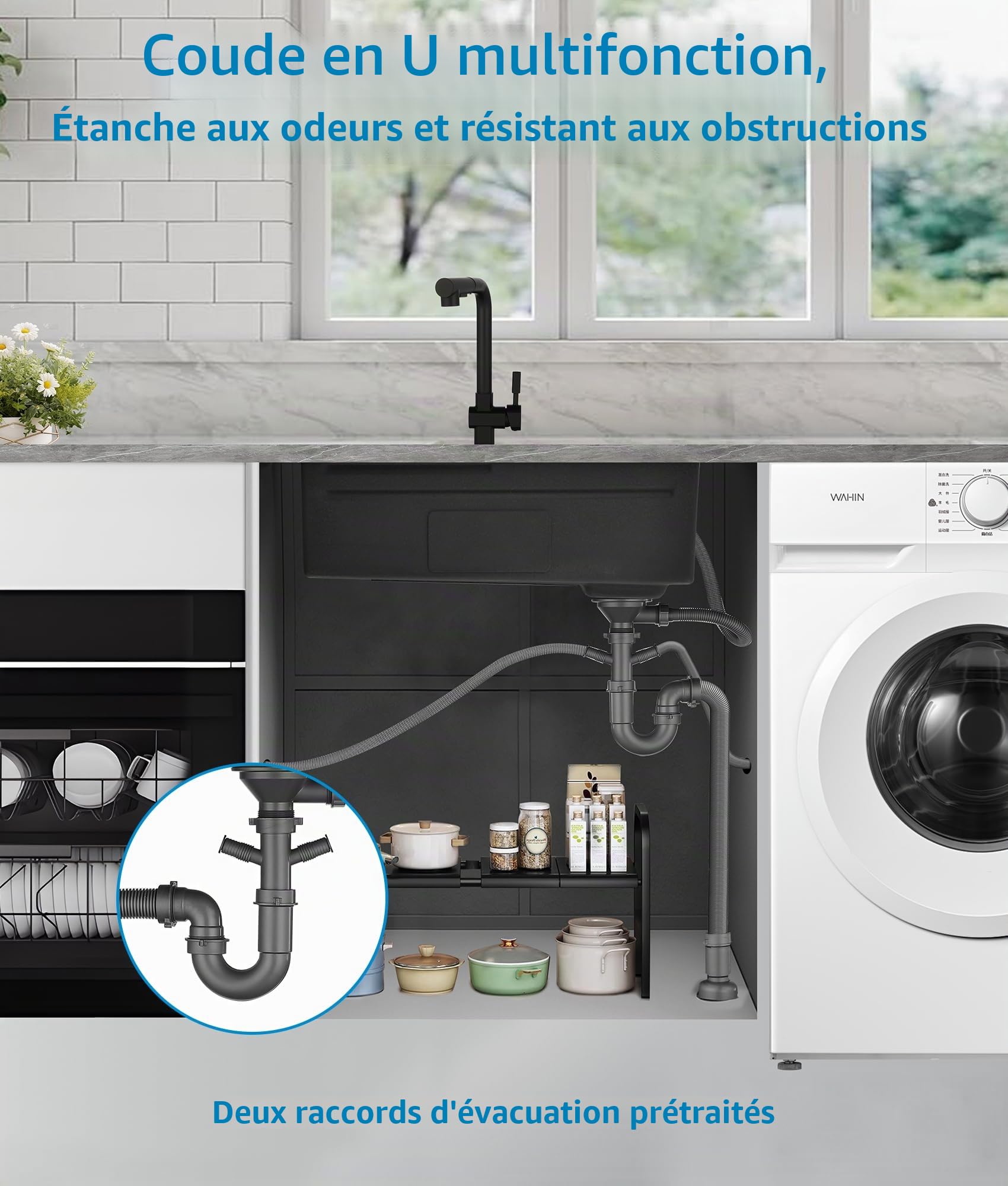Evier Cuisine 1 Bac Noir 70 × 45 cm,Evier Inox 1 Bac,2 Trous Pour Robinets,Ensemble Comprenant Une CréPine,Un Bac De DéCongéLation,Un Panier De Vidange Et Un Siphon