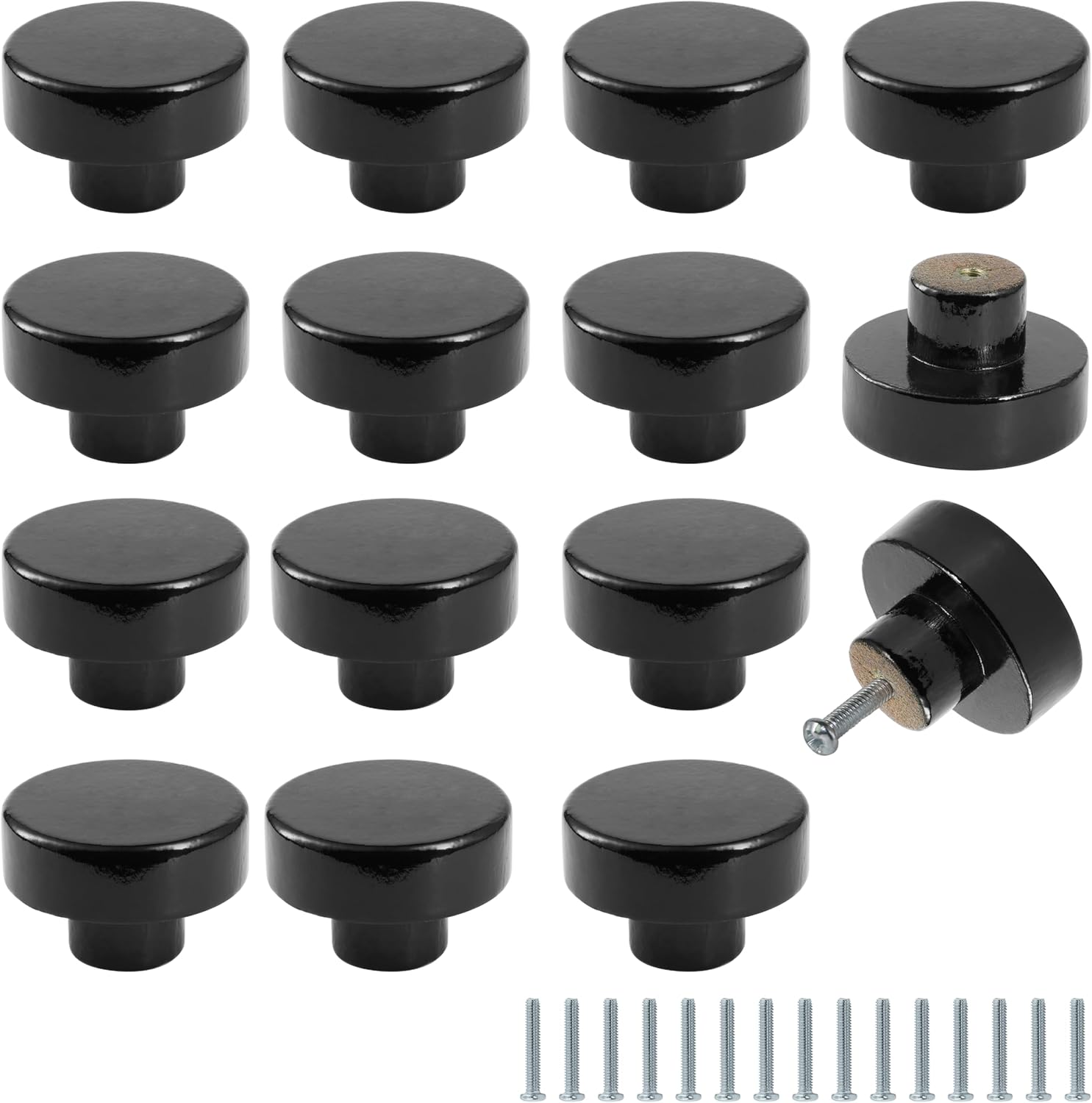 FoDau770 15pcs Black Wood Knobs, Flat Top Round Cabinet Knobs Vintage Drawer Pulls, Natural Wooden Cabinet Hardware for Furniture Drawer Dresser Wardrobe Cupboard - 1" Diameter