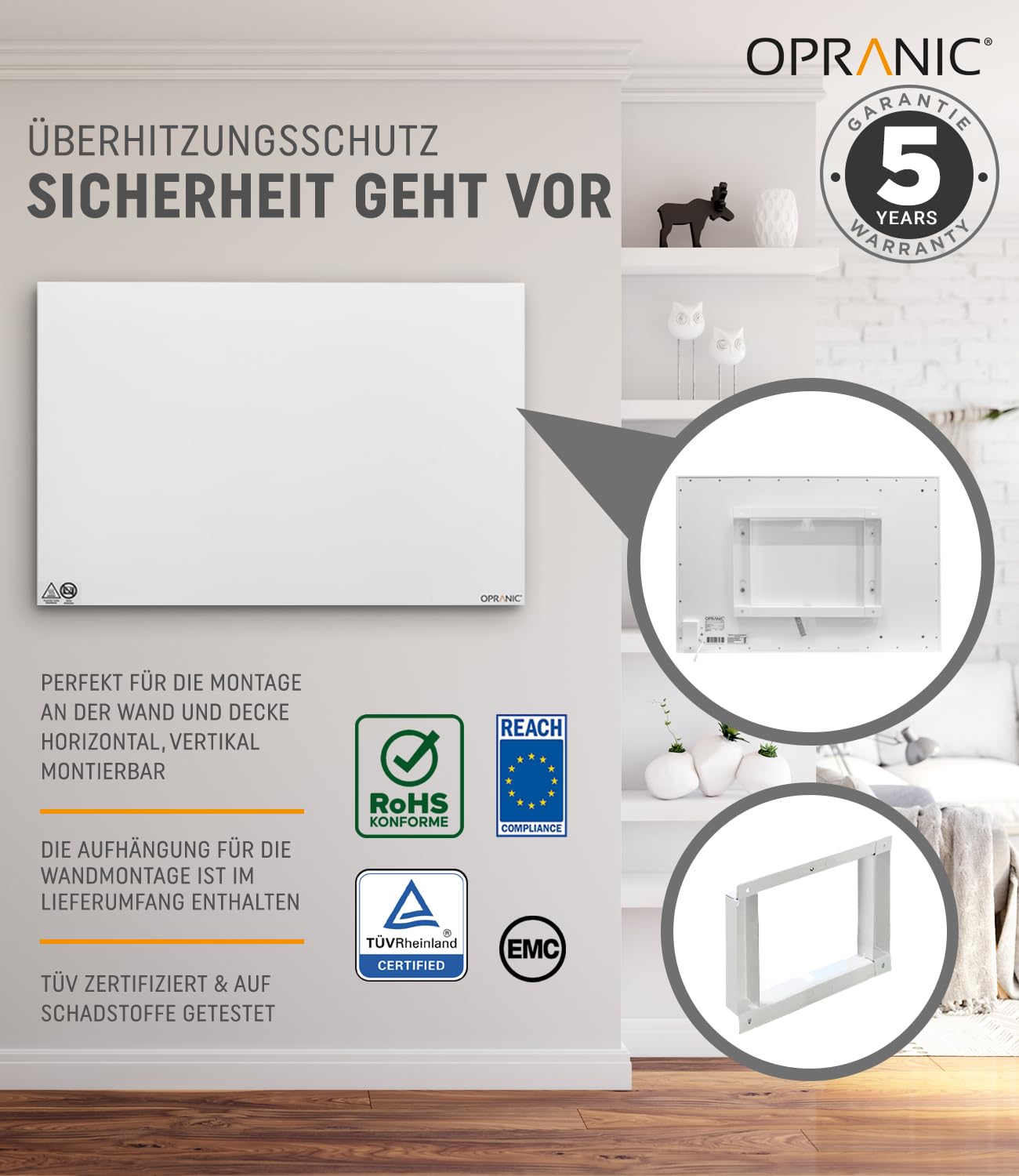 Calentador infrarrojo P5 Premium | 5 años de garantía | Calentador infrarrojo de pared, calentador infrarrojo para montaje en techo, dispositivo de pie, calefacción móvil (300 W blanca)