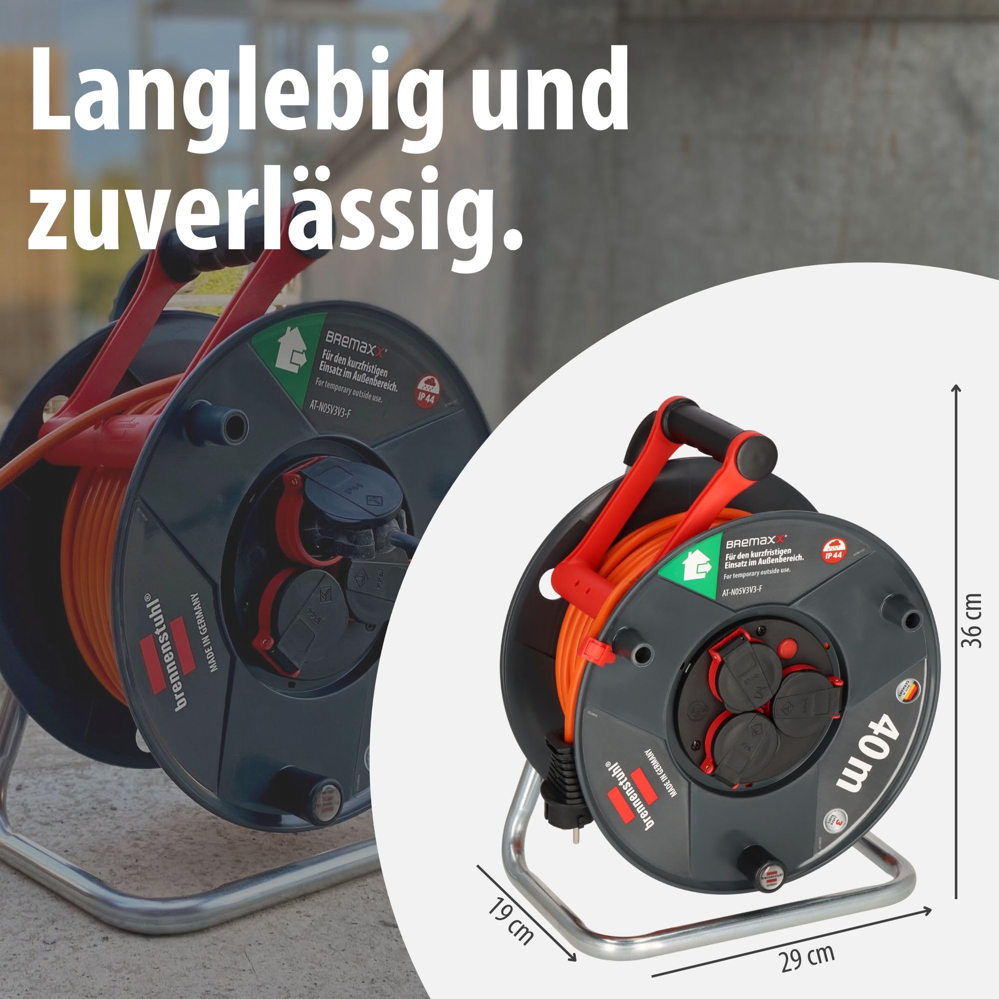 Brennenstuhl Garant V2 IP44 Kabeltrommel 40m Outdoor (Made in Germany, 3 Schutzkontakt-Steckdosen, Überhitzungsschutz, kurzfristiger Einsatz im Außenbereich)