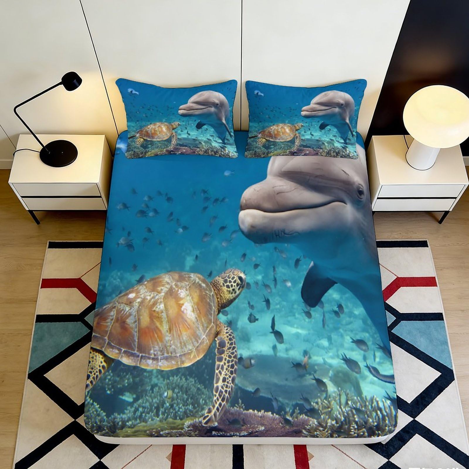 3D Printed Dolphin and Turtle Fitted Sheet Microfiber Soft Breathable Underwater Scene Bed Cover for Bedroom Dormitory Guest Room Mattress Protection 140x200x25cm