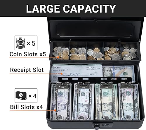 Miniatura 3 de Tera Caja de dinero grande con bandeja de dinero y cerradura de combinación 4 billetes 5 ranuras para monedas caja de dinero portátil de metal
