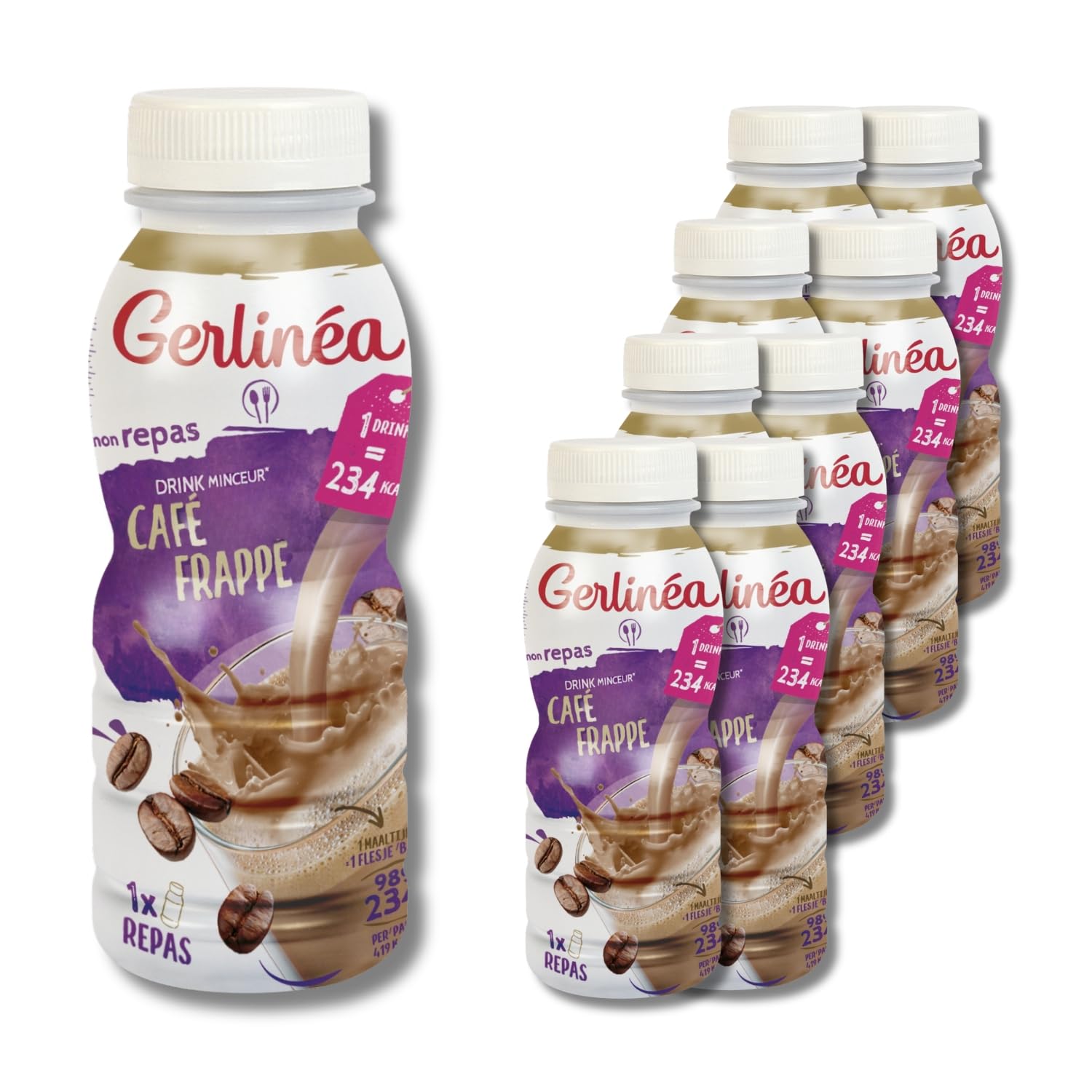 GERLINÉA – Boisson Minceur Café – Repas à Boire Équilibré et Complet – Riche en Protéines – Sans Huile de Palme – Contrôle du Poids – Lot de 8 bouteilles x 236 ml