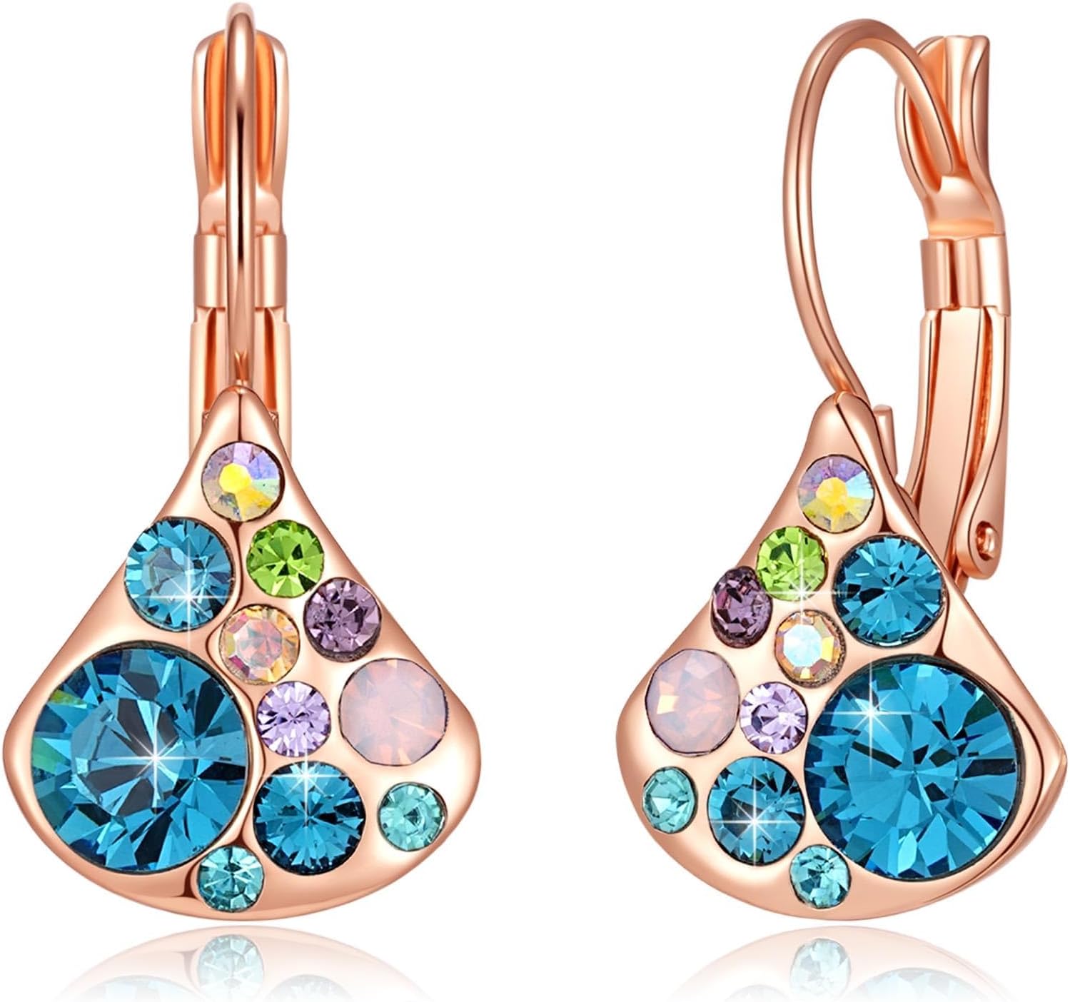 Multicolored Austrian Crystal Pear-shaped Drop Earrings for Women 14K Gold Plated Leverback Huggie Earrings Hypoallergenic Jewelry