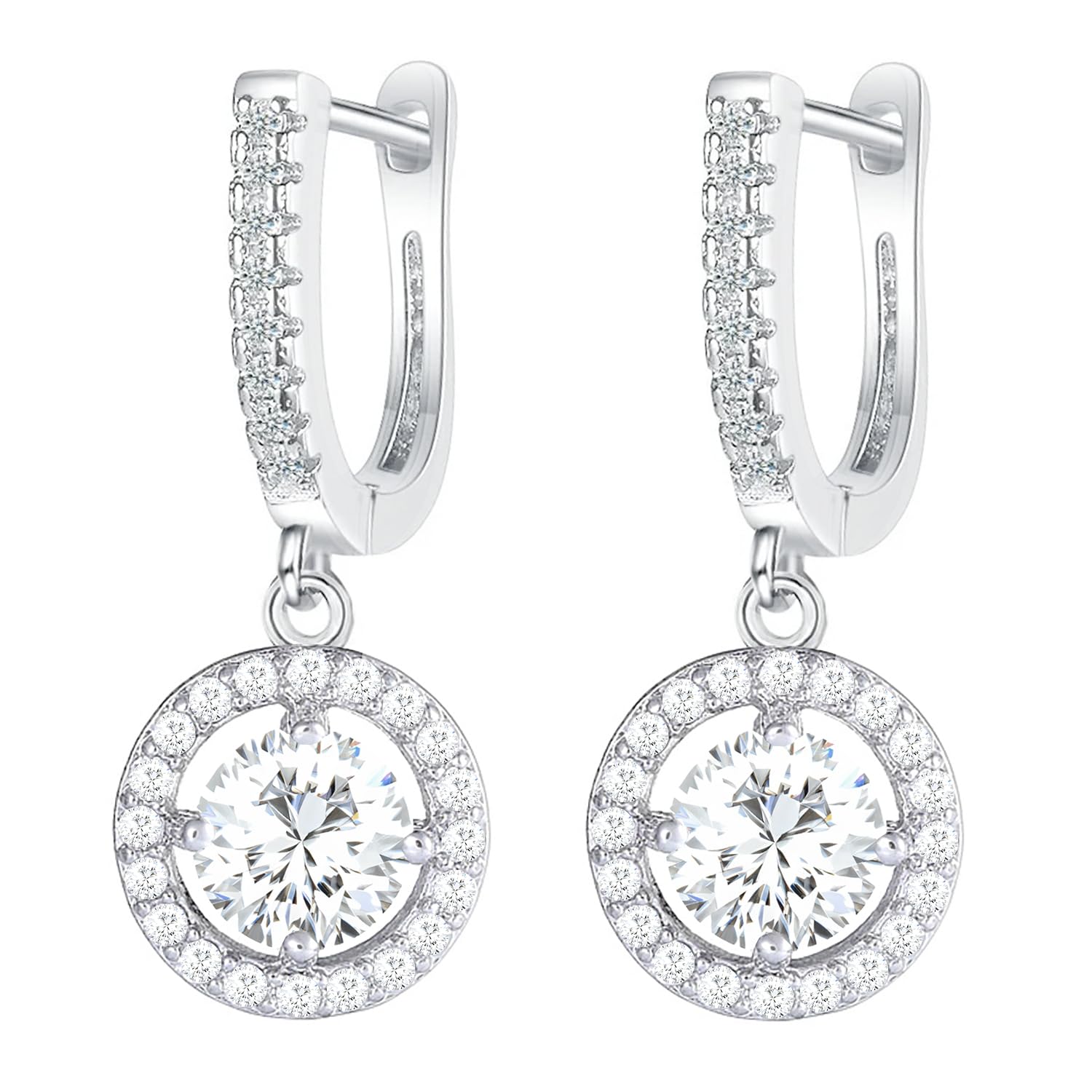 Damen Creolen Vergoldet mit Zirkonia Stein Anhänger Rund Ohrringe Hängend Glitzer Strass Rund Klein Brautschmuck Kreolen Silber Weiß