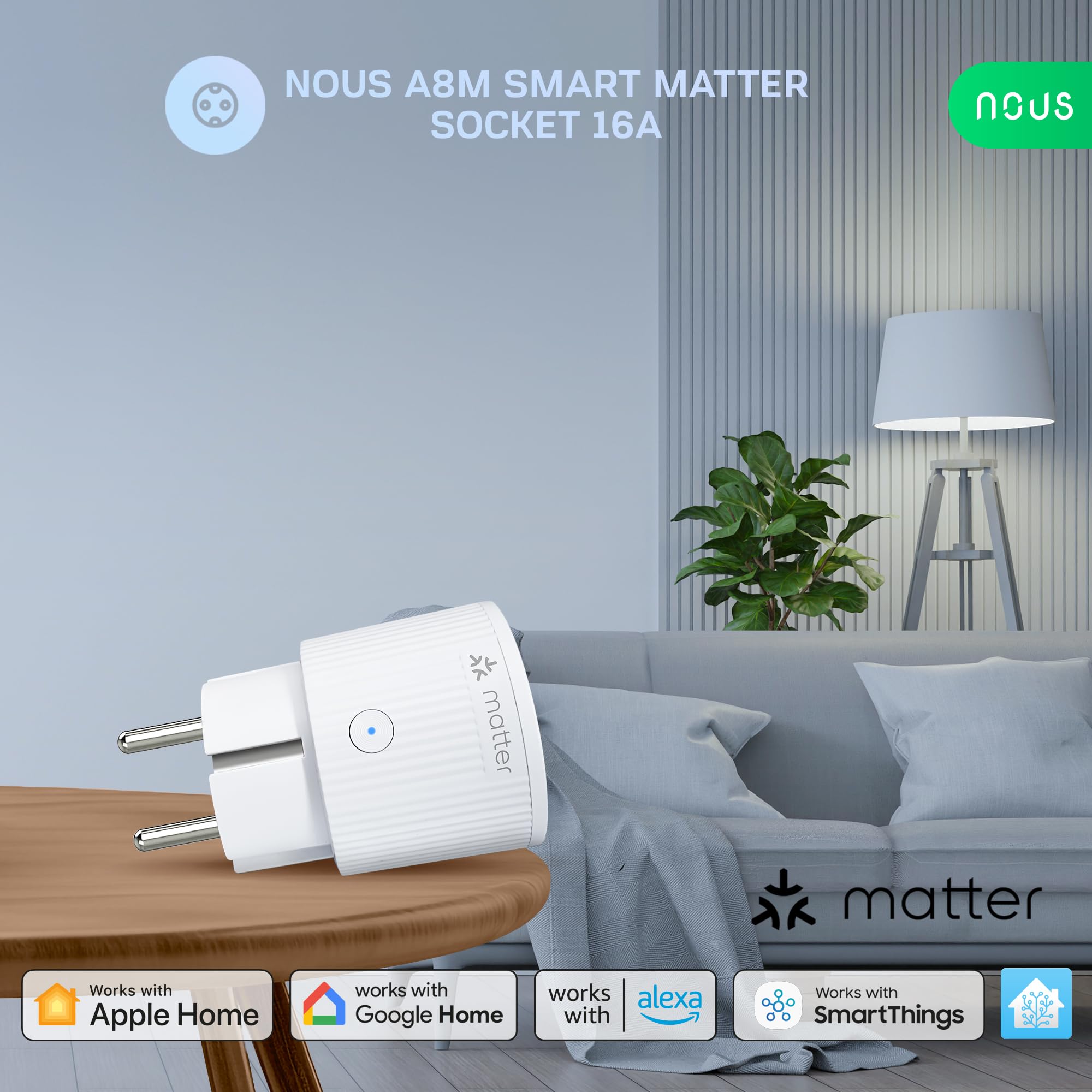 NOUS Enchufe Inteligente Matter con Monitorización de Consumo, 16A 3840W, Compatible con Alexa, Google Home, Apple Homekit, Tuya, SmartThings, Control Remoto por App, WiFi 2.4 GHz
