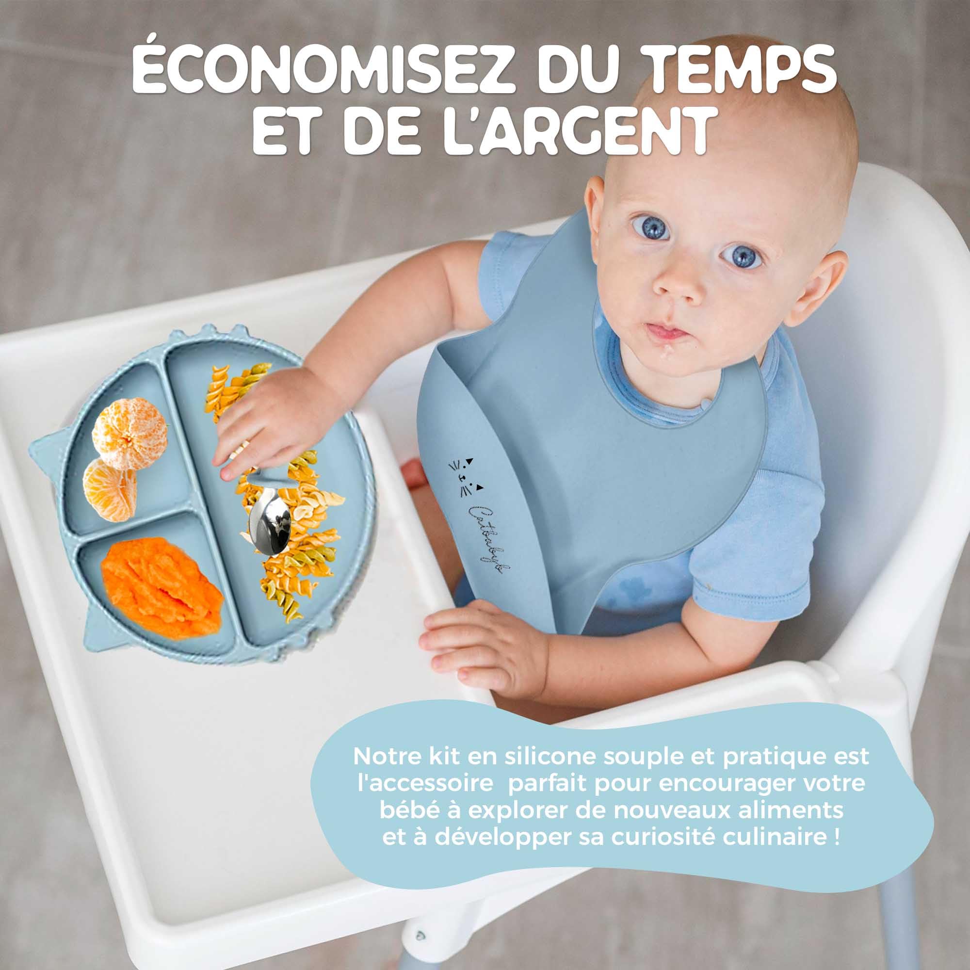 coffrets repas pour bébé Silicone, Lot de 6, Assiette Ventouse, 3 Compartiments pour Bébé, Set Couverts, Bol Ventouse, Bavoir Réglable, Tasse d’Apprentissage