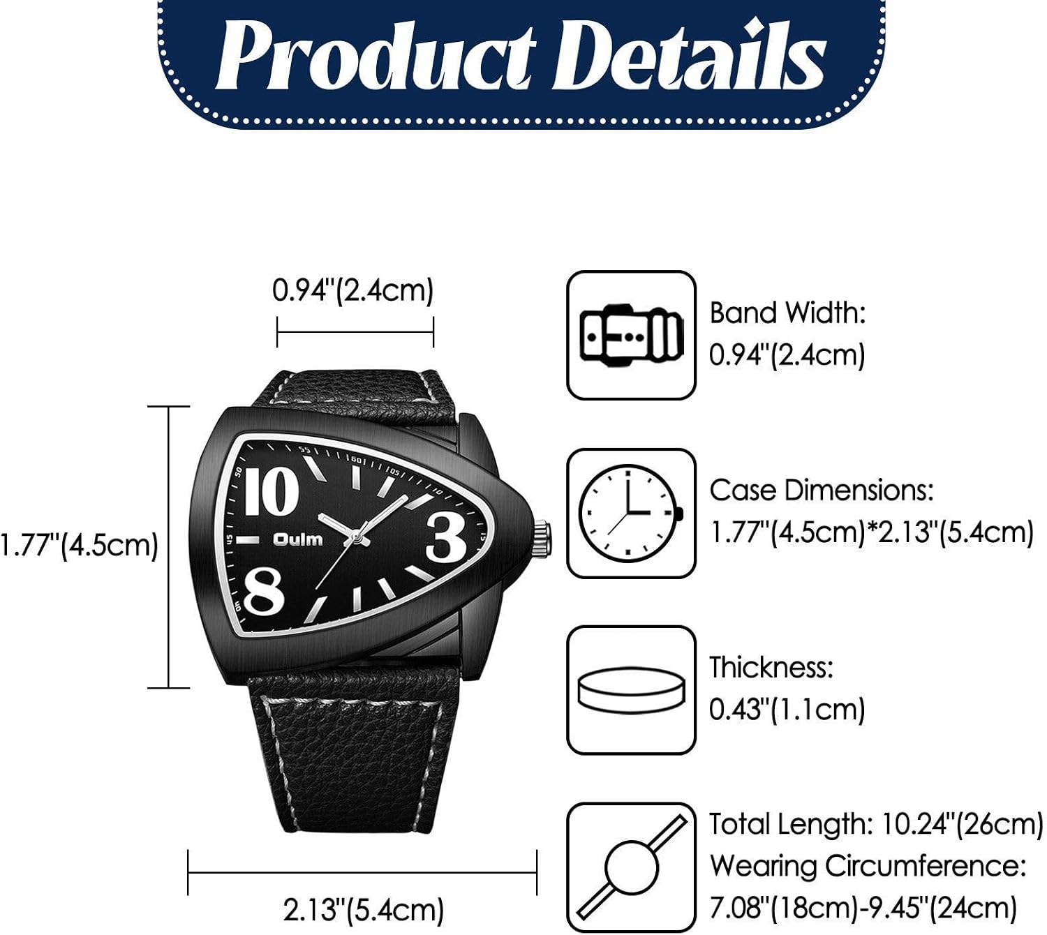 JewelryWe Triangle Watches for Men: Analog Quartz Novelty Big Face PU Leather Strap Luminous Hands Arabic Numerals Business Casual Punk Wristwatch for Valentine's Day for Valentine's Day