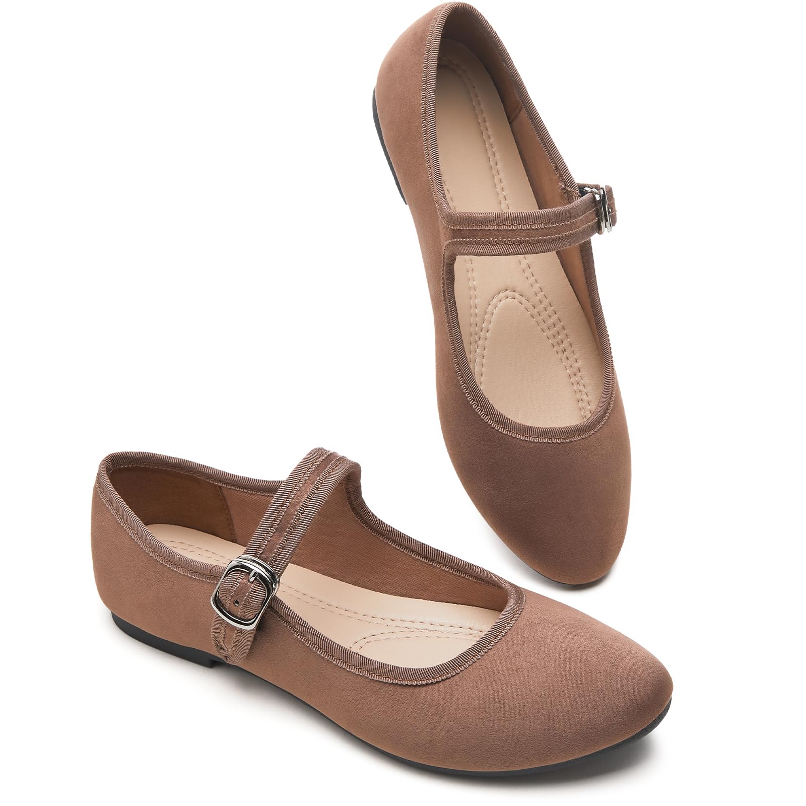 BABUDOG Womens Mary Jane Flats with Strap,Faux Suede Black Flats Shoes,Flats Shoes Women Dressy Comfortable