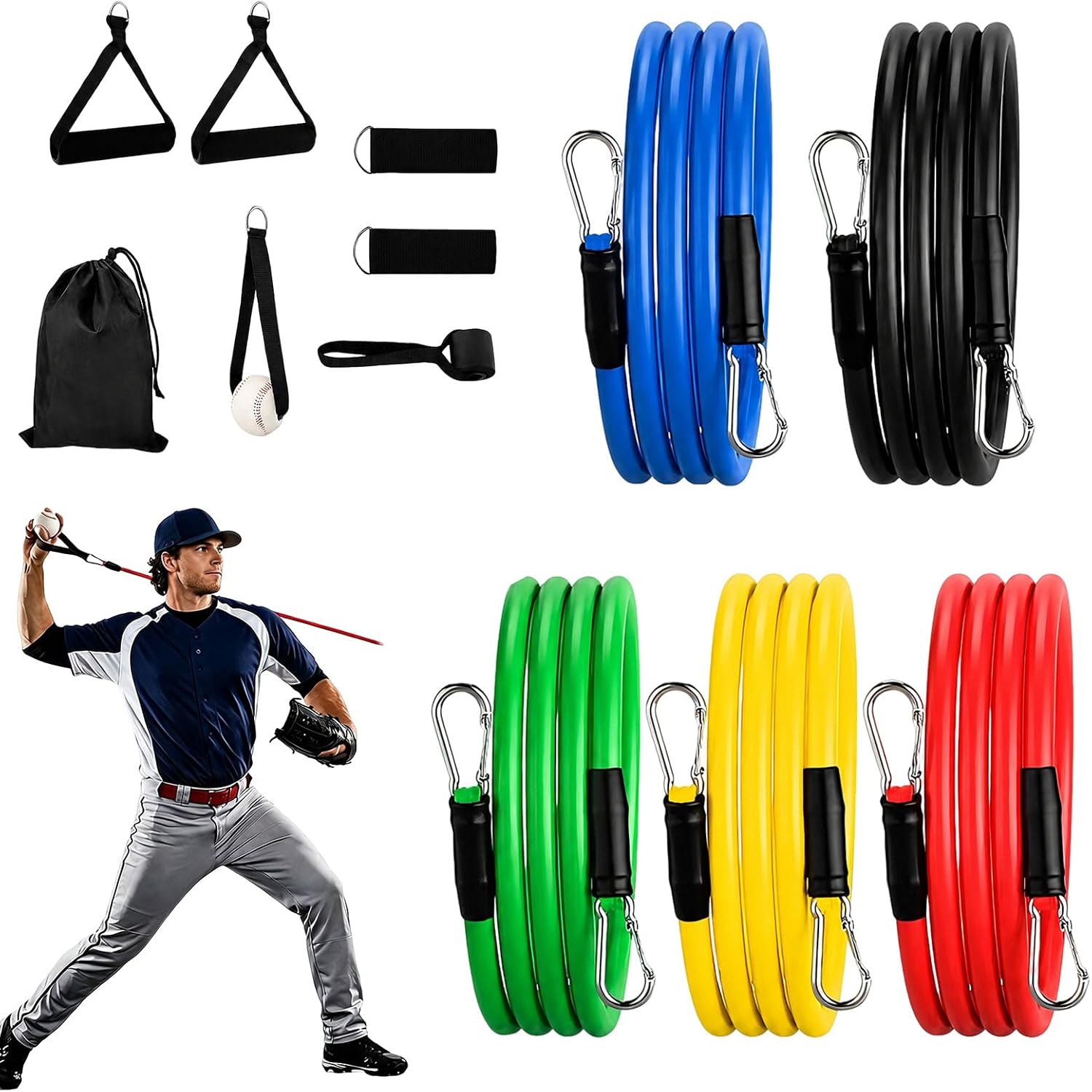 Baseball Resistance Bands, Pitching Trainer with Interchangeable Grips | Baseball Pitching and Throwing Trainer with Arm Strength Training Bands for Pitching Warm-Up, Practice Training
