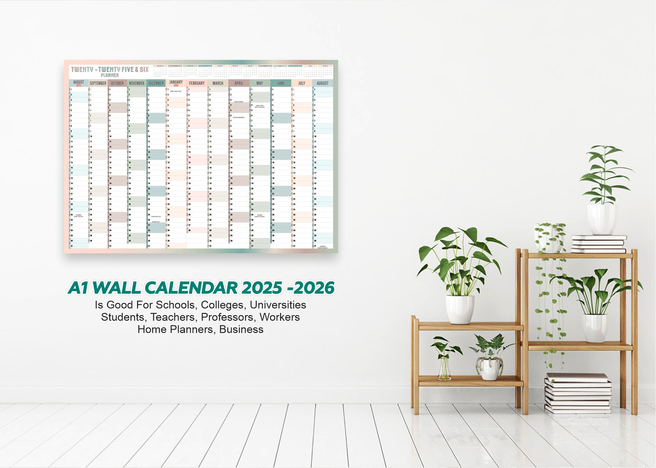 Planificador de pared para año académico 2025-2026, calendario semestral, gráfico de estudio anual, planificador anual grande de agosto a agosto, organizador de planificación académica