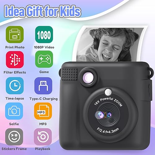 Miniatura 2 de Cámara de impresión instantánea para niños, regalos de cumpleaños de Navidad para niños de 3 a 12 años, cámara digital selfie con videos de 1080P,