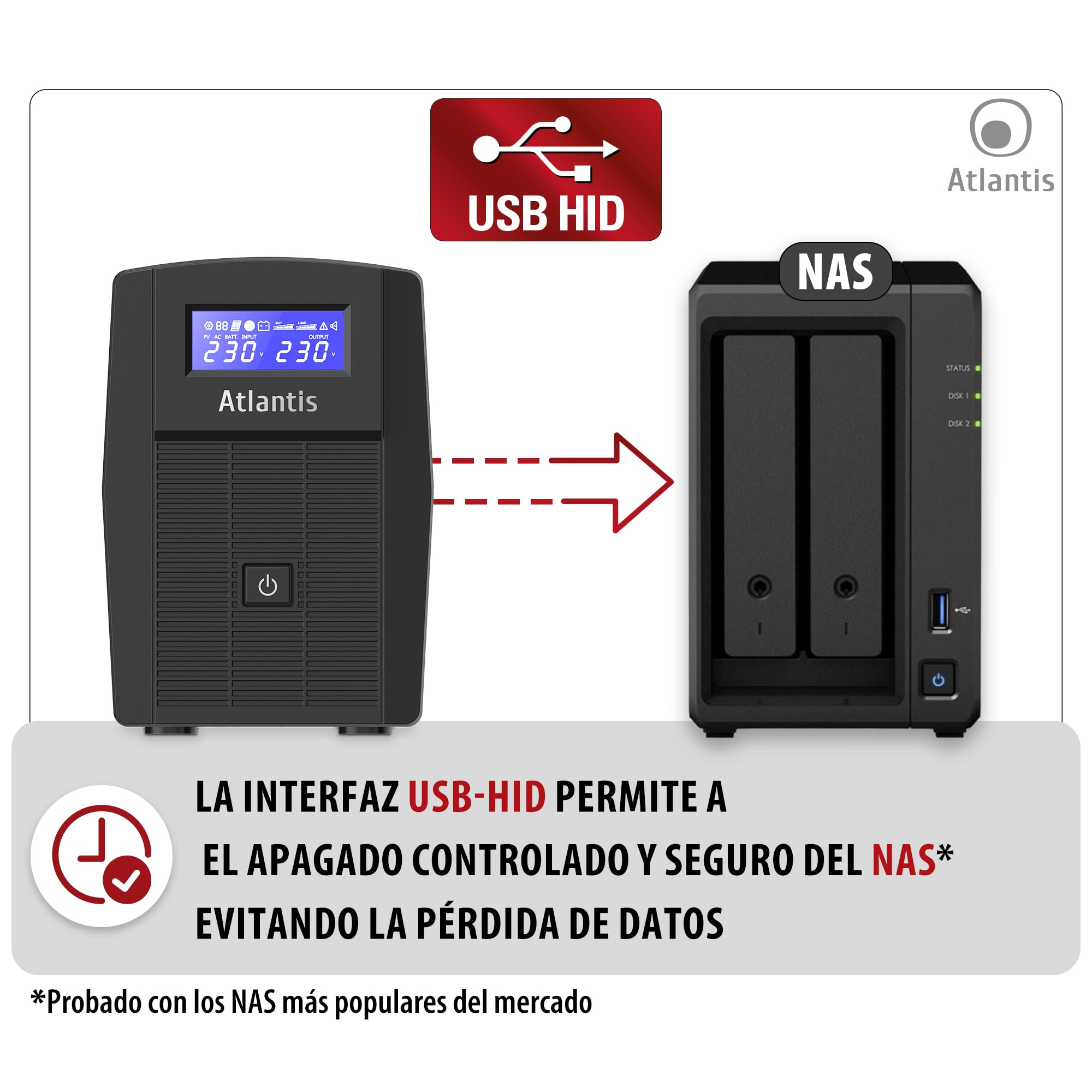 Atlantis A03-HP1003 Sistema de alimentación ininterrumpida Onda sinusoidal Pura 800VA 480W Line Interactive, Pantalla LCD, USB-HID, 2 Shuko, protección RJ45,Cable de alimentación, 1 batería 12V 9Ah