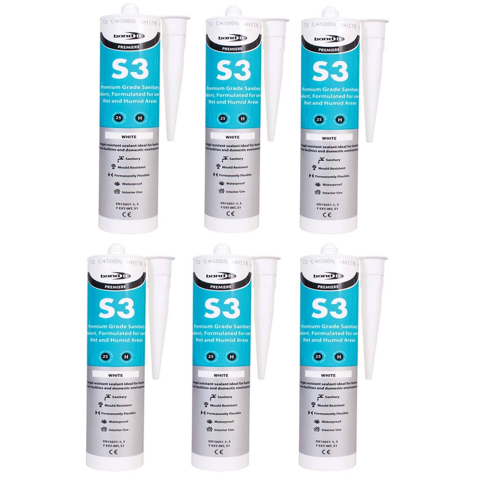 Bond-it 310ml S3 Grade Sanitary Silicone Sealant High Performance Bathroom Bath Kitchen Sink Shower Anti Mould Window Fungal Resistant Premium EU3 (White, 6)