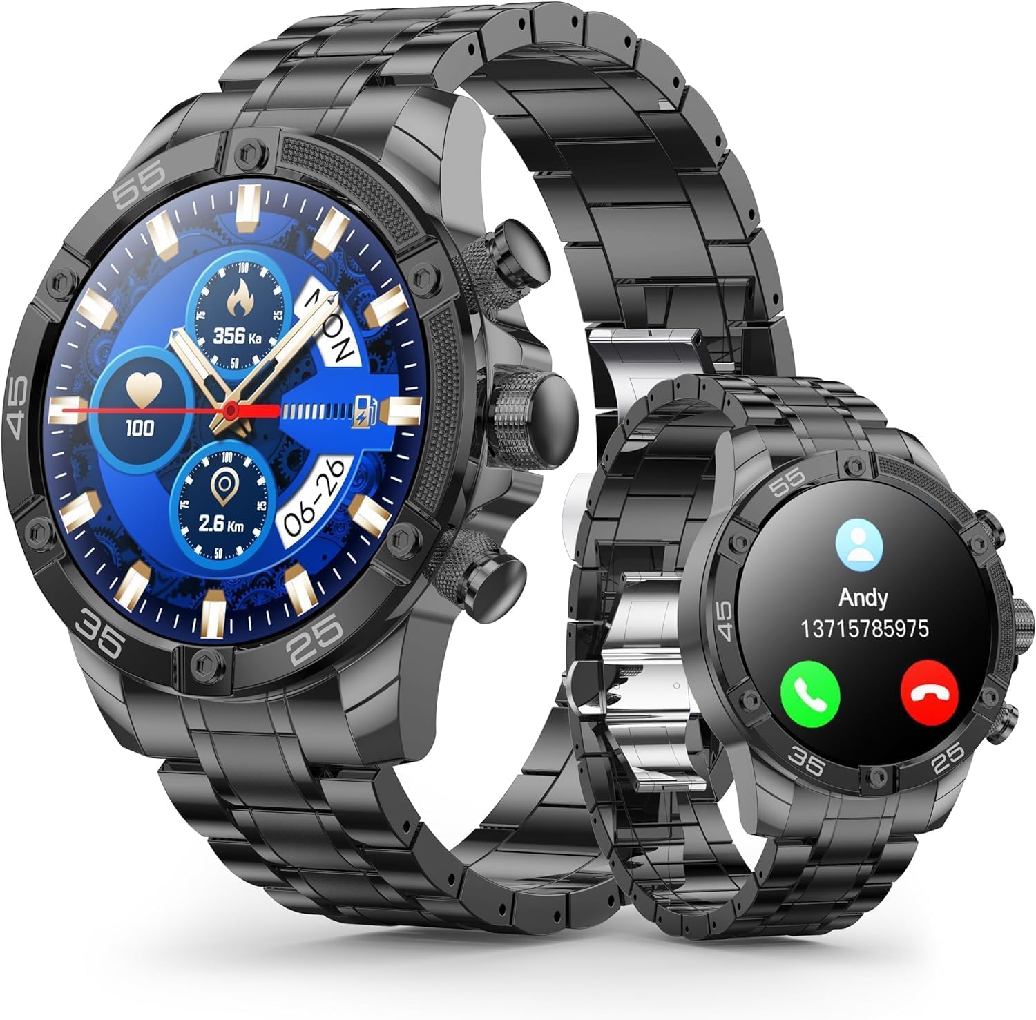 OHUGNA Men's Smartwatch with Metal/Silicone Strap, 1.53 Inch Smart Watch with Heart Rate, Sleep Monitor for Android iOS, 100+ Sports Modes, Fitness Watch, IP67 Waterproof, Bluetooth (Schwarz)