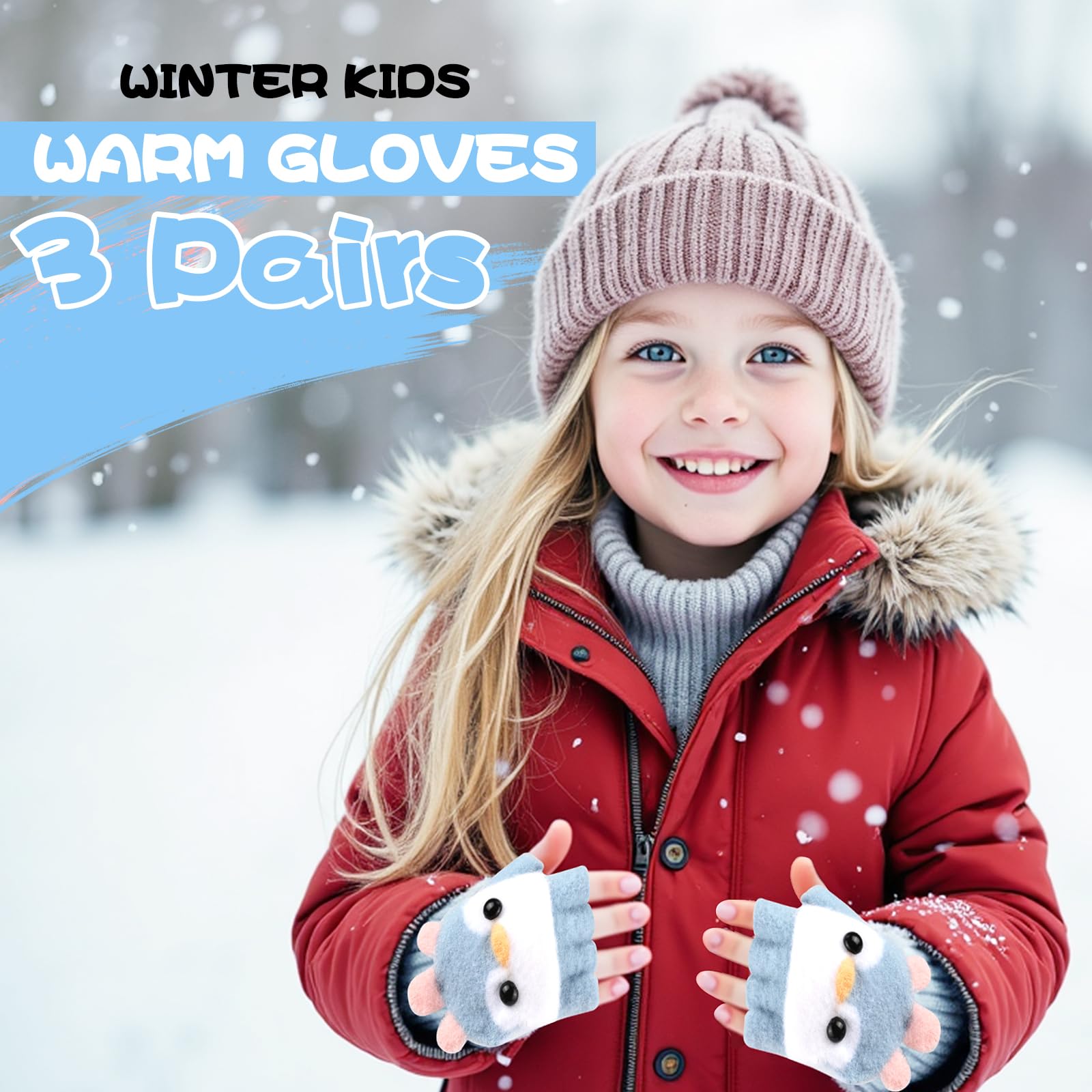 TAGVO 3 Pares de Guantes Sin Dedos para Niños, Multifuncional Elástico Guantes Invierno Niño, Guantes de Punto Guantes Termicos Guantes Mitones para Niños y Niñas de 1 a 5 Años