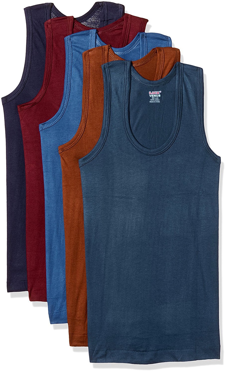Lux Venus Men's Solid Vest (Pack of 5) (Venus_COL_RN_5PC_Assorted_100 cm) (Color & Prints May Vary)
