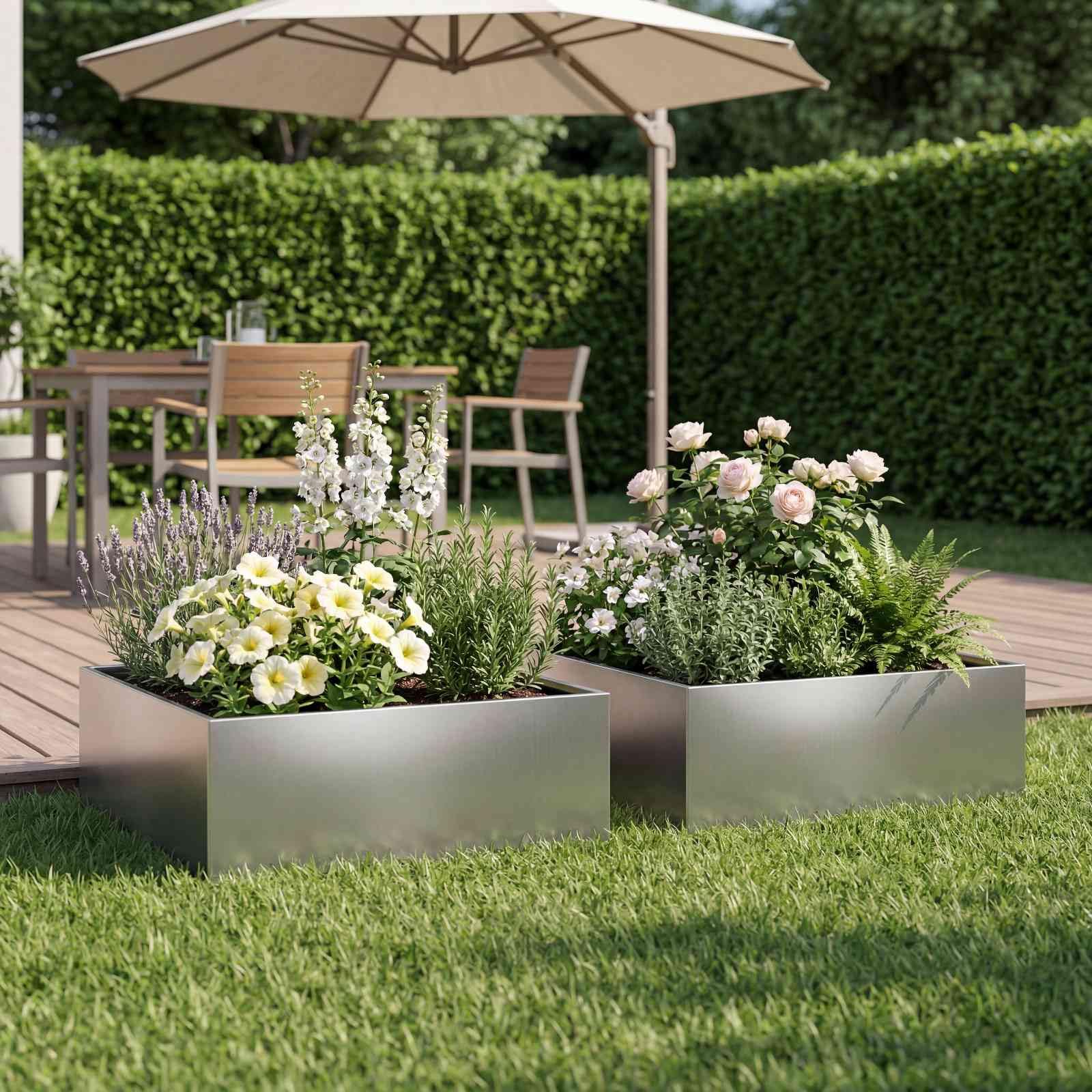 Garten Pflanzgefäß 2 Pack Silber 60 x 60 x 20 cm Stahl Blumenkasten Outdoor
