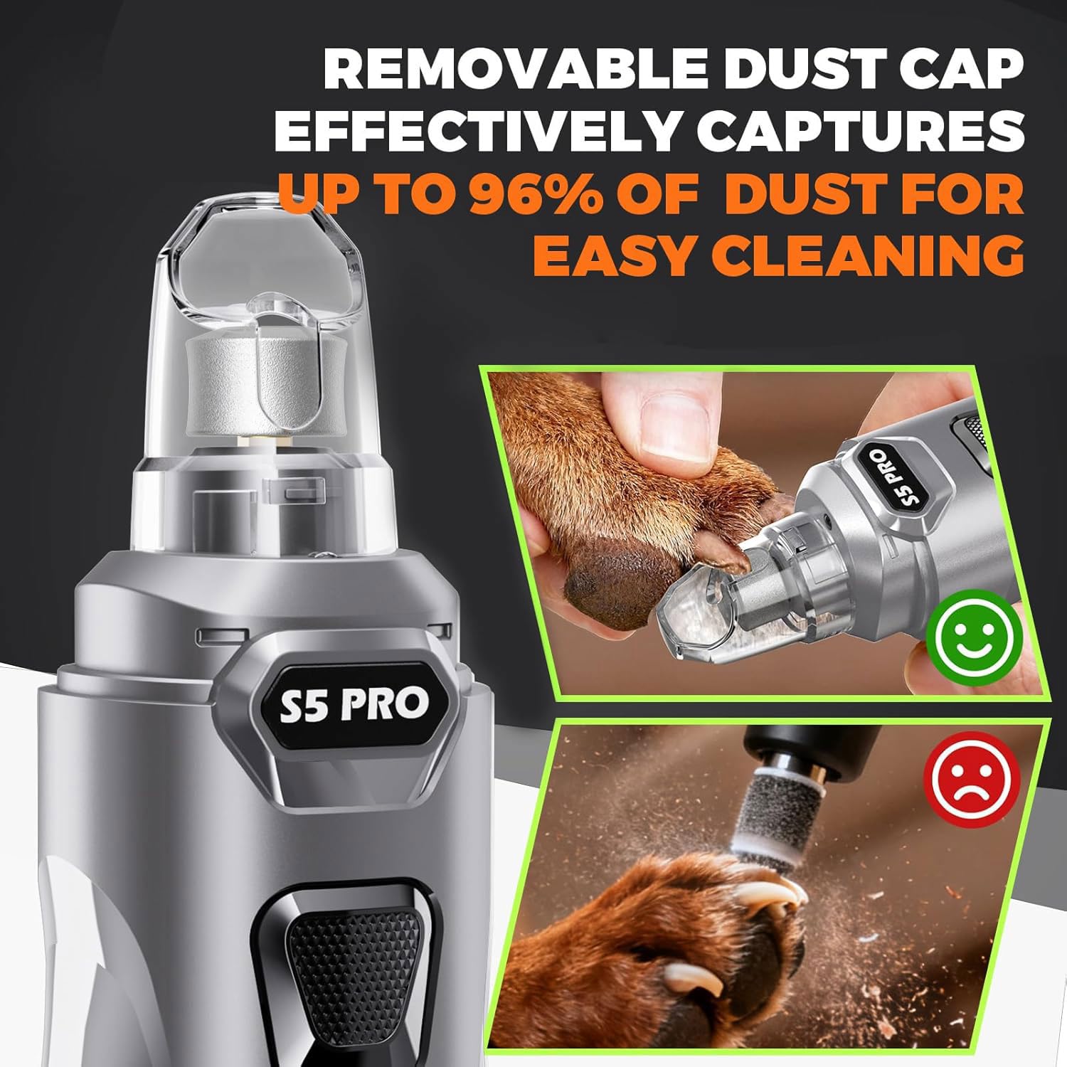 Broyeur à ongles pour chien avec 2 lumières LED, puissant, 2 vitesses, super silencieux, avec 3 roues de meulage, coupe-ongles rechargeable pour animaux de compagnie pour chiens de grande et moyenne
