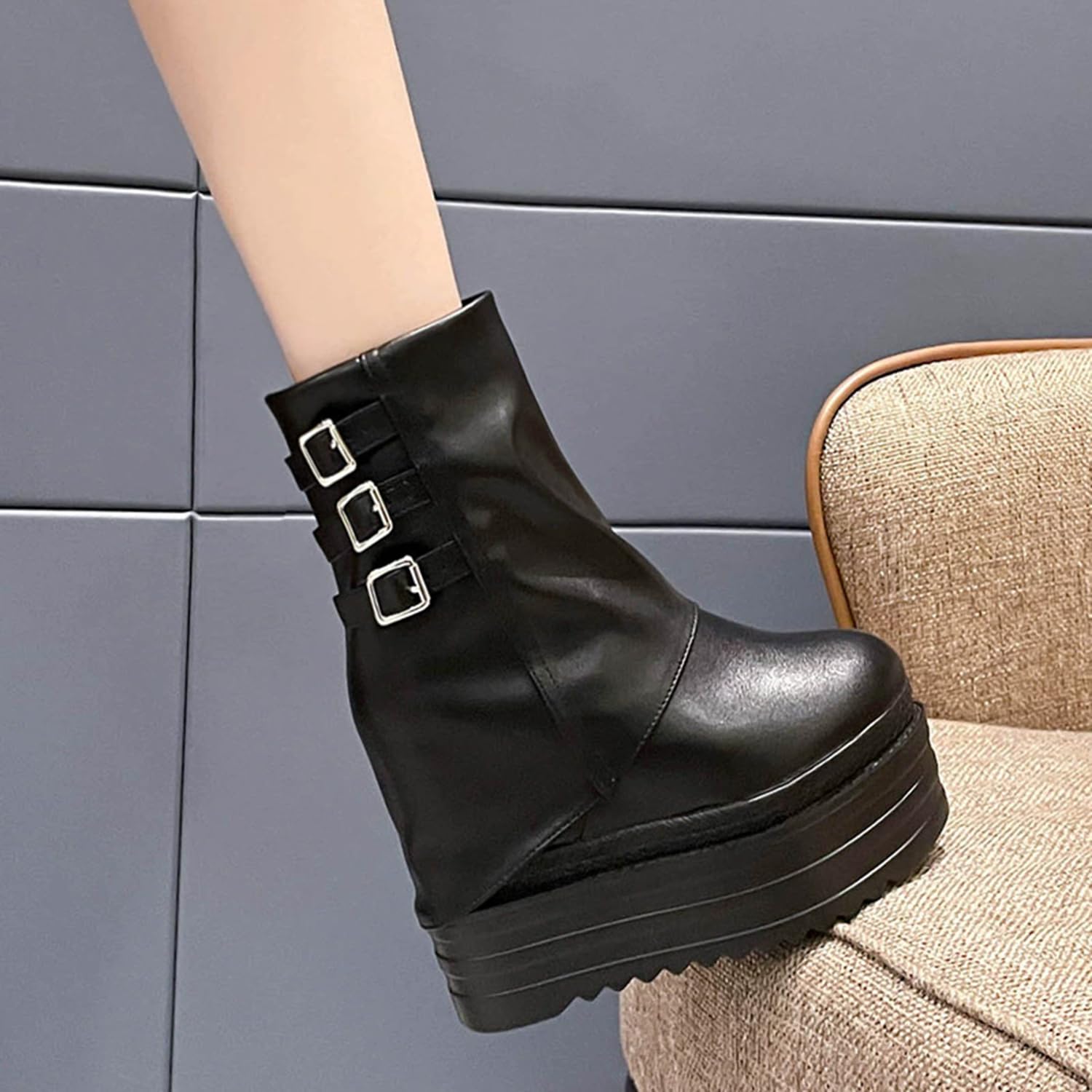 Stivaletti con Zeppa con Plateau Height Boost da Donna, Stivaletti Stringati con Punta Tonda Taglia 5 per spettacoli teatrali, concerti