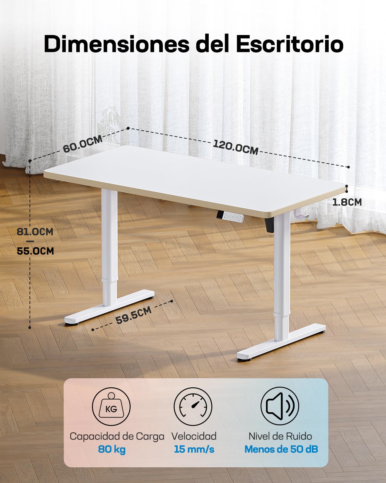 HUANUO Escritorio Infantil ELevable Eléctrico con Superficie Mate de 120 cm x 60 cm, Controlador Manual con Pantalla LED, 3 Alturas Preestablecidas y Bloqueo Infantil.