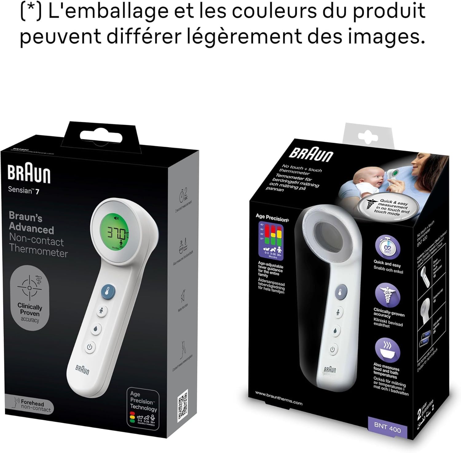 Braun Sensian 7 Thermomètre frontal sans contact | Technologie Age Precision | 3-en-1 |Écran numérique avec code couleur | Convient aux bébés et aux enfants | Marque #1 auprès des médecins(1) | BNT400