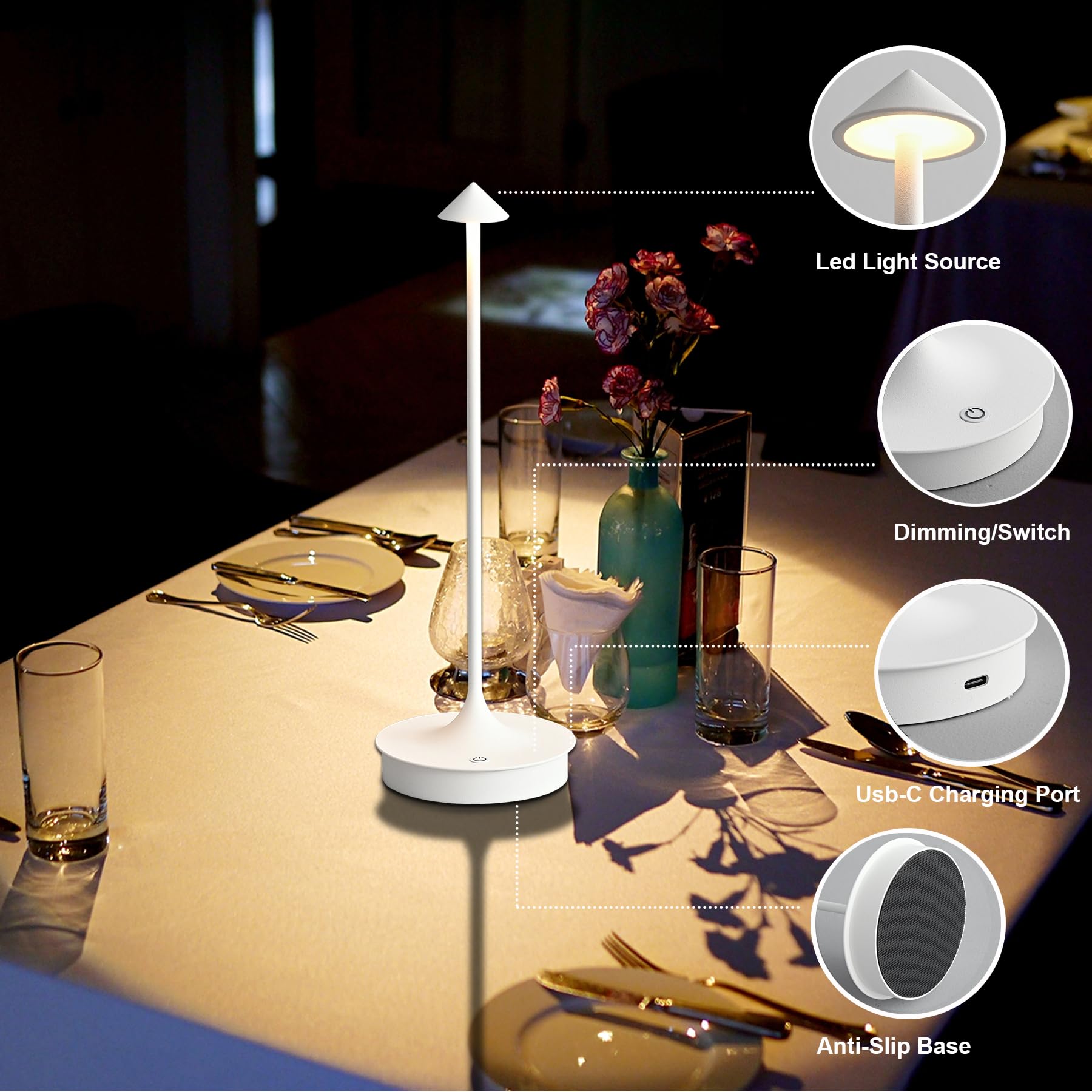 Hikyskin Lámpara de Mesa Inalámbrica LED Lámpara de Mesa Recargable Lámpara de Mesa de Pilas 4000mAh Lámpara de Mesa Exterior Portatil Lámparas Para Mesa de Restaurante/Bar/Recamara