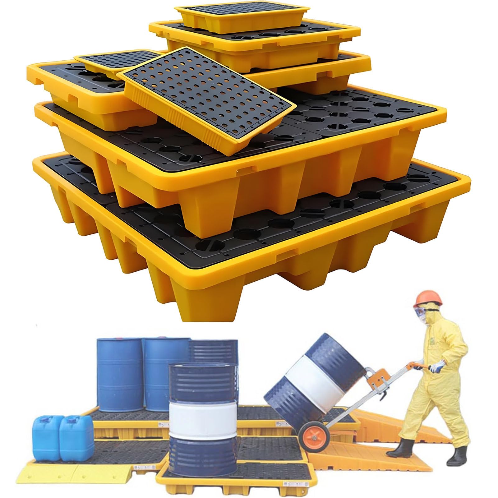 Bac de rétention modulaire anti-fuite pour palettes, entrepôts et usines ; bac de récupération anti-fuite pour fûts et sous-sols ; bac de rétention pour stockage industriel et prévention des
