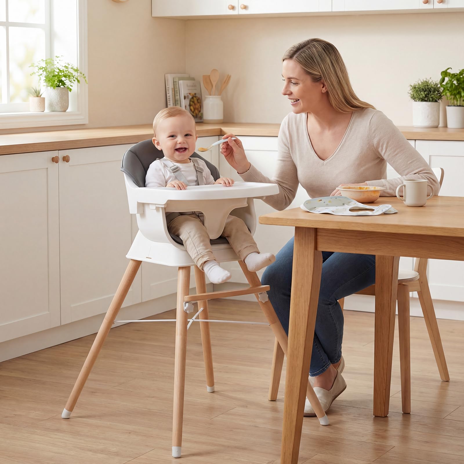 COSTWAY Seggiolone Pappa per Neonati, Seggiolone Evolutivo Convertibile con Vassoio Regolabile, Cuscino Rimovibile, Cintura di Sicurezza a 5 Punti, in Legno con per Bambini 6-36 Mesi