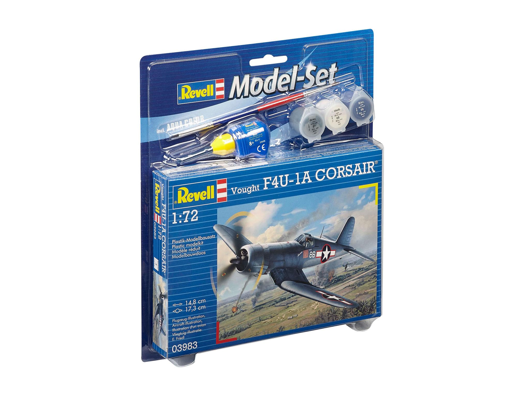 Revell Model Set 63983 Vought F4U-1D Corsair 1:72 Scale Unbuilt/Unpainted Plastic Model Kit with Contacta Professional Glue, Paintbrush & Selected Aqua Color Paints