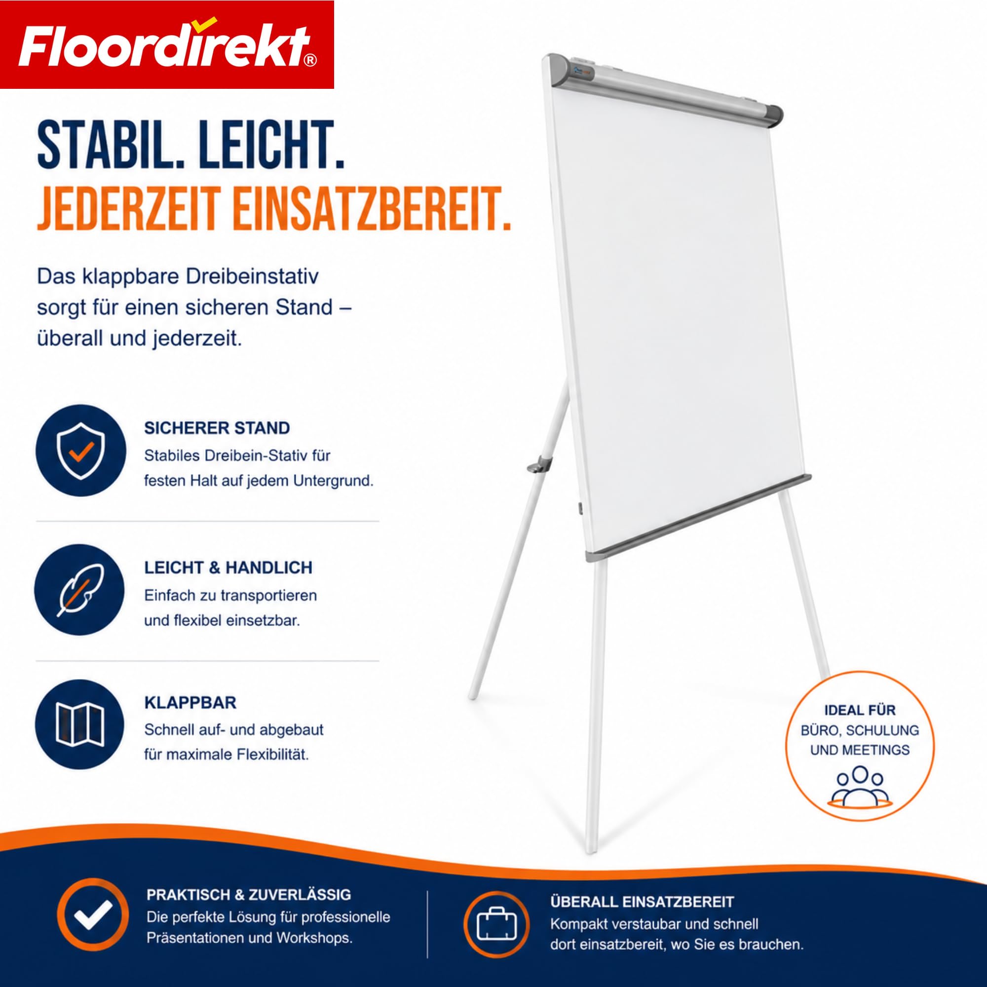 Floordirekt Flipchart mit Dreibein, Blockhalter & Seitenarmen - magnetisch & beschreibbar - freistehend & höhenverstellbar - Whiteboard Tafel Magnettafel - Board mit Ablageschale (Coyote)
