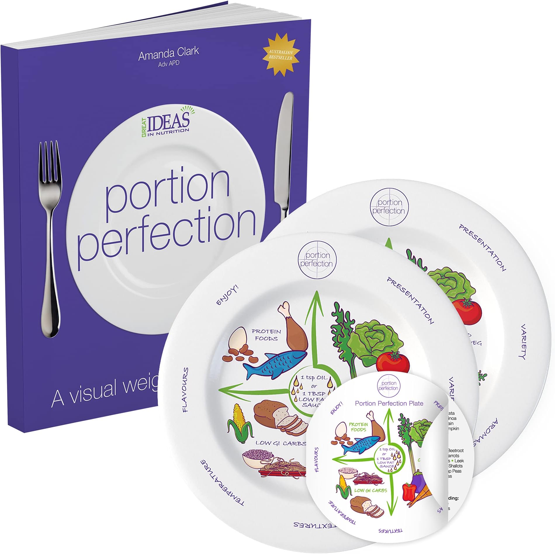 Portion Plate Perfection 2 Portion Control Porcelain Plates 10” & International Book, Visual Weight Control Tool, Diabetes And Healthier Diets Education Tool For Adults