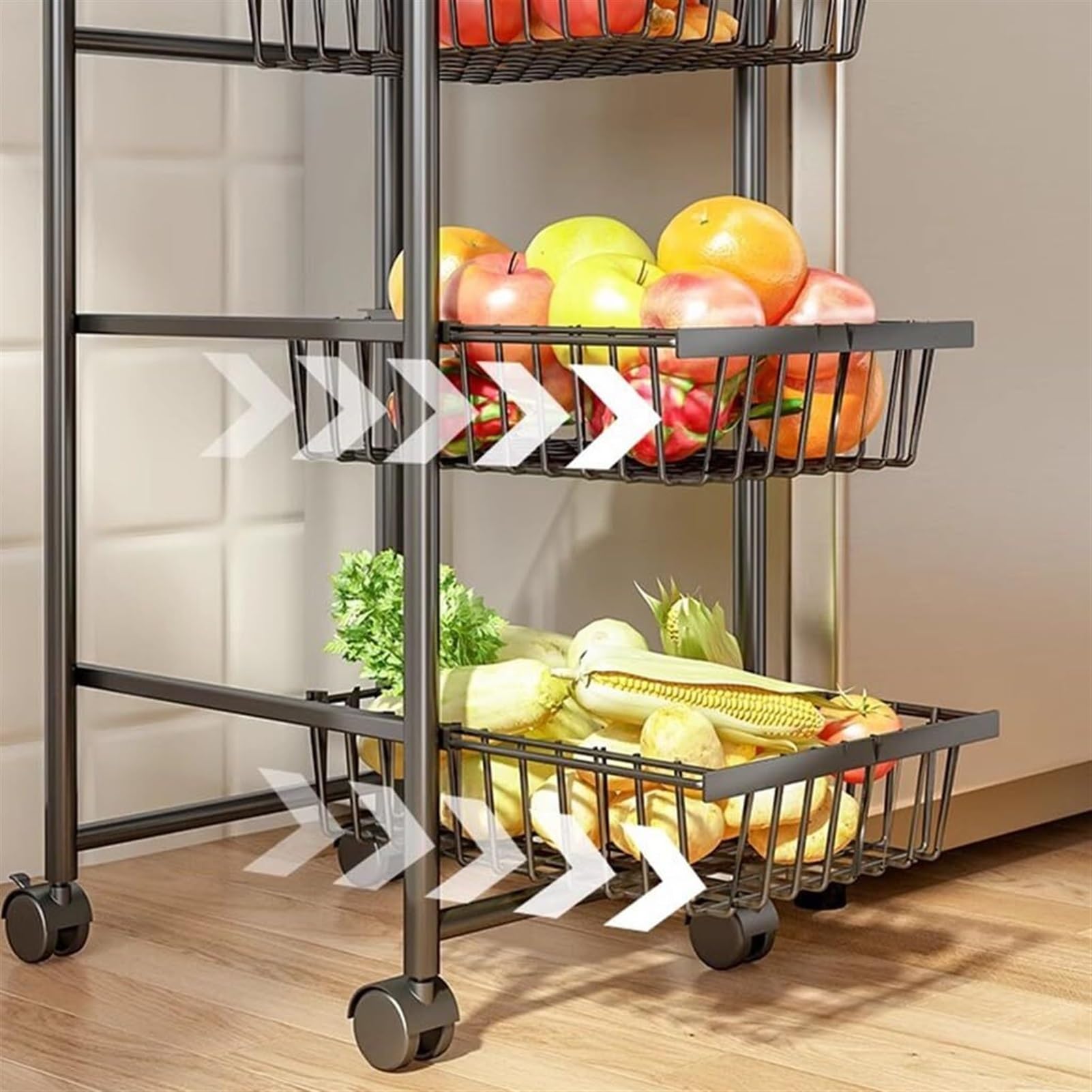 Generico Carrello in Metallo a 3 Ripiani con Ruote - Organizzatore per Lavanderia, Ufficio e Bagno - Carrello in Rete Facile da trasportare con ripiano Stretto Estraibile per soluzioni efficienti per