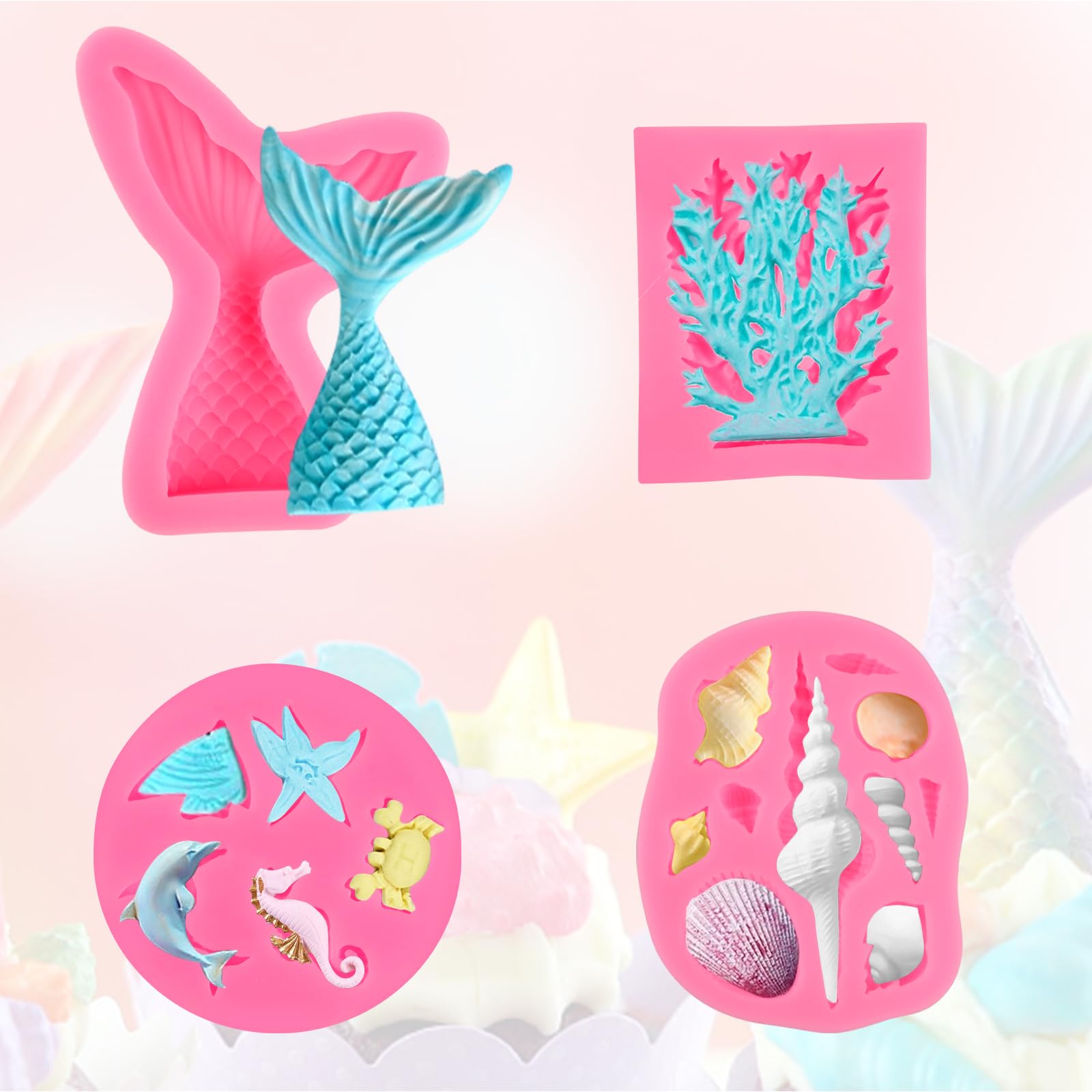 Stampi In Silicone A Tema Sirena Per Torte, 4 Pcs Stampo In Silicone Per Animali Marini, Fondant Mold, Stampo Per Coda Di Sirena, 3d Animale Oceano Stampo Per Torte, Biscotti, Cioccolato, Caramella