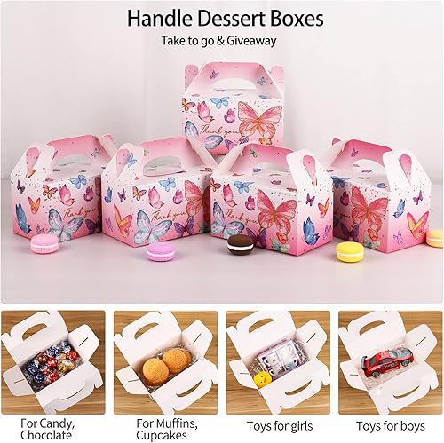 Miniatura 3 de Giiffu Cajas de regalo de mariposa rosa para fiestas, paquete de 12 cajas de regalo de galletas de caramelo con asas, perfectas para niñas,