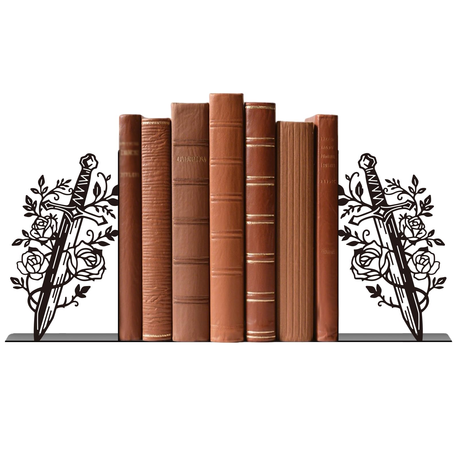 TWINKLEMON 1 Pair Black Sword&Rose Metal Bookends, Decorative Book Ends for Shelves, Creative Non-Slip Book Holder Stand, Books Support Stopper Quirky for Bookshelf Decor Bedroom Home Nursery(Sword)