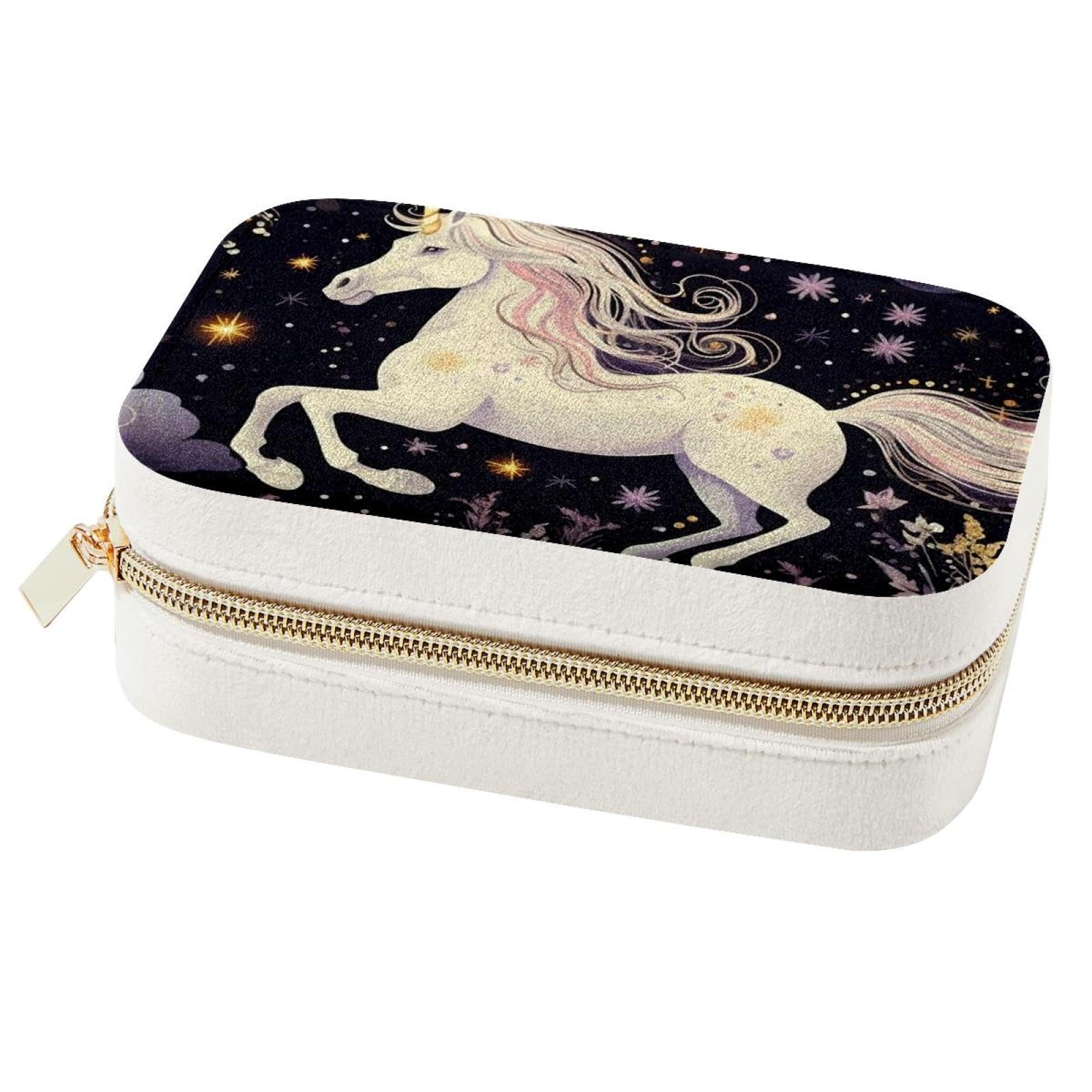 Boîte à bijoux licorne blanche portable de voyage pour bagues et colliers