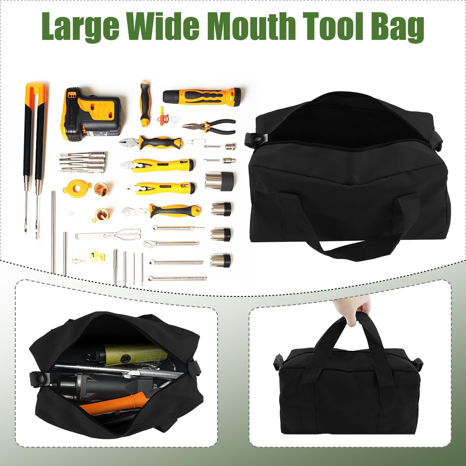 Tool Bag,Heavy Duty Canvas Tool Bag,Wide Mouth Tool Tote Bag,Large Capacity Tool Storage Bags for Men,Muti-Purpose Tool Organizer Tote Bag for Storage Wrenches Pliers Tools (Black - Image 3