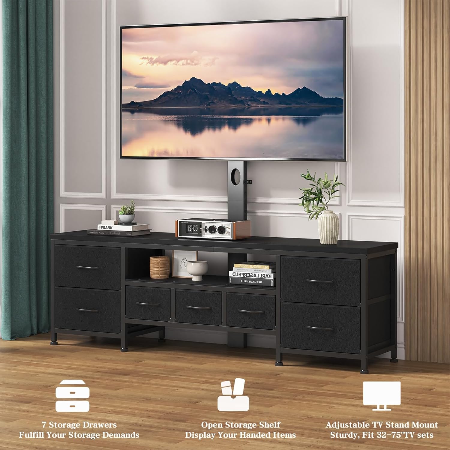 TV Stand with Mount for 45/55/65/75 inch TVs, 51.2" Dresser TV Stand Entertainment Center with 7 Fabric Drawers, Open Storage Shelves, Media Console for Living Room