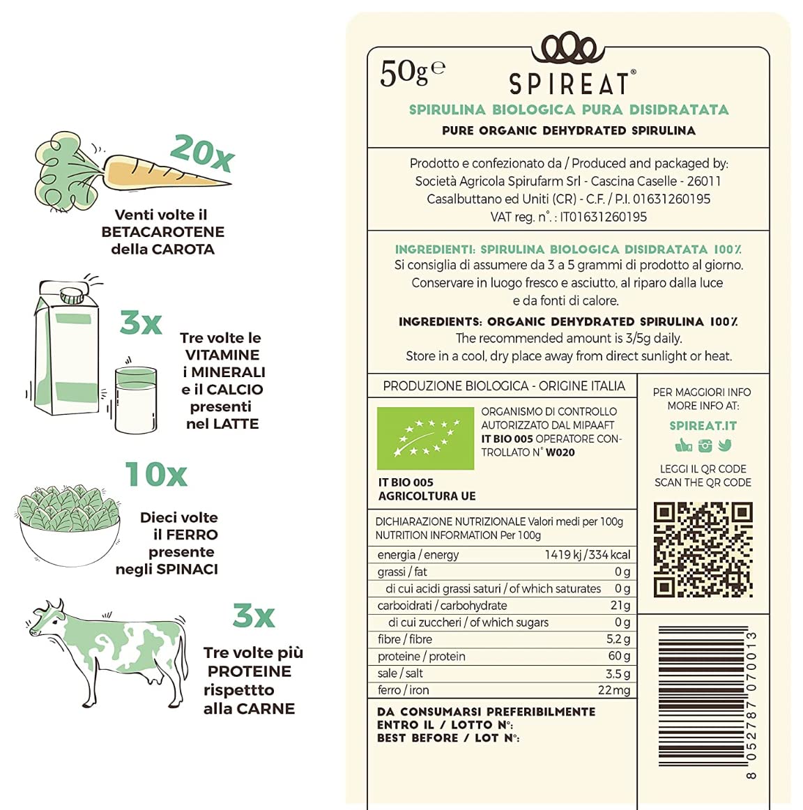 Spirulina Pura formato 100 grammi - raw - in scaglie croccanti - Italiana - Biologica - ricca di vitamine e minerali - antiossidante - alto contenuto proteico