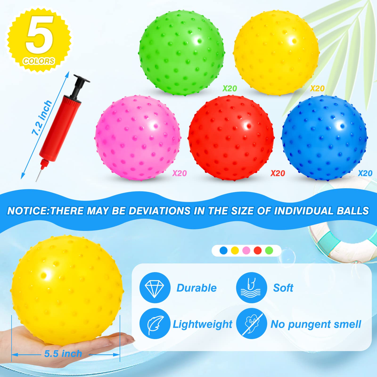 Paquete de 100 bolas Knobby a granel con 1 bomba de aire de 5.5 pulgadas, juguete sensorial de plástico hinchable, globo pequeño, juguete inflable para masaje, estrés y estrés, bolas de juegos 2