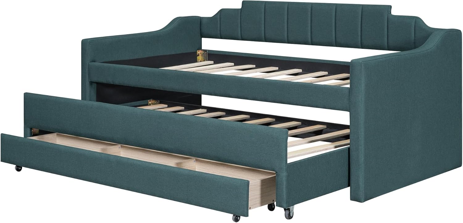 HABITRIO Twin Size Daybed with Trundle and Three Drawers, Wood Sofa Bed with Swooping Arms, Green