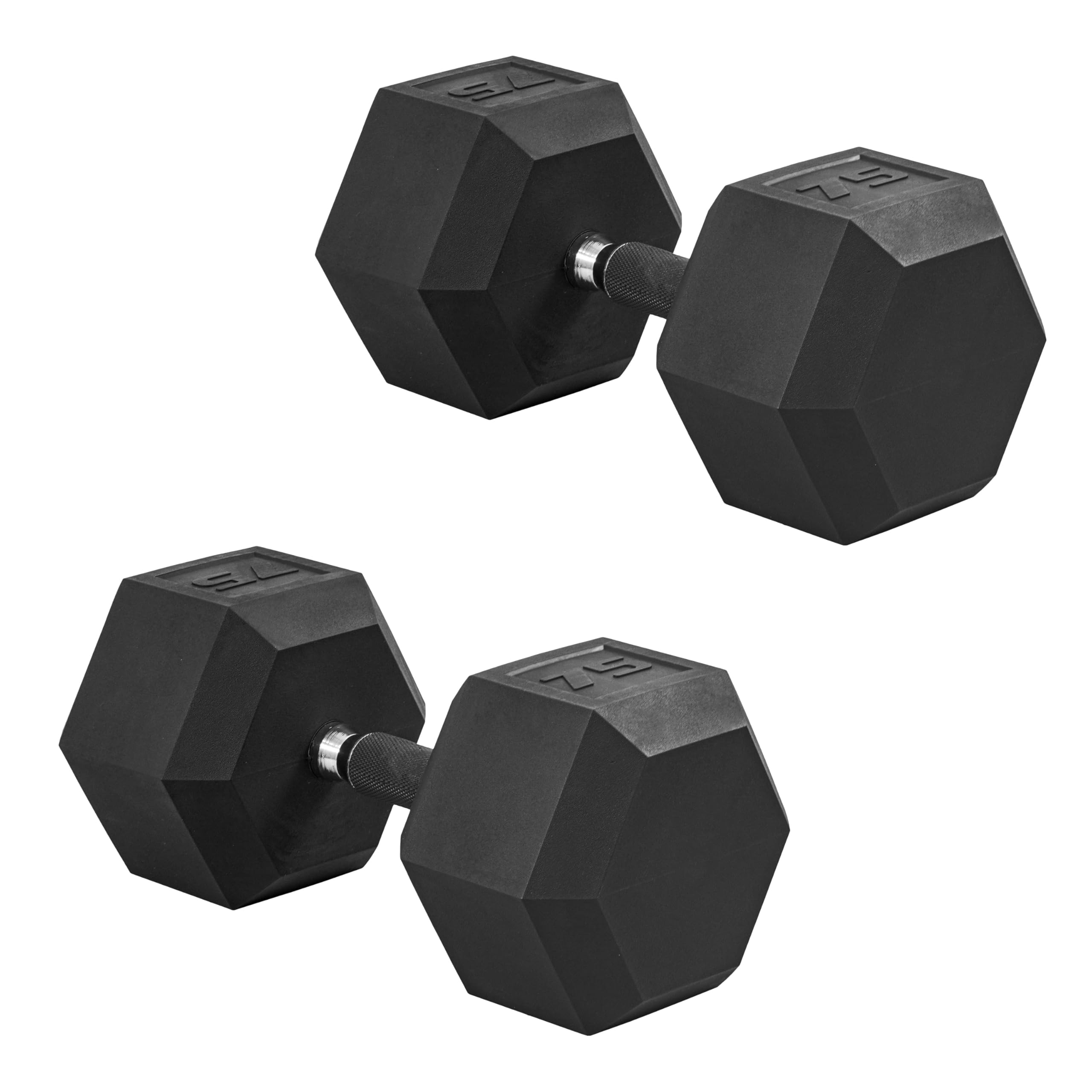 CAP Rubber Coated Dumbbell Weights, Free Weights for Home Gym Strength Training, Anti-Roll Hex Dumbbells with Black, Chrome &amp; Comfort Grip Handles, Pairs &amp; Sets