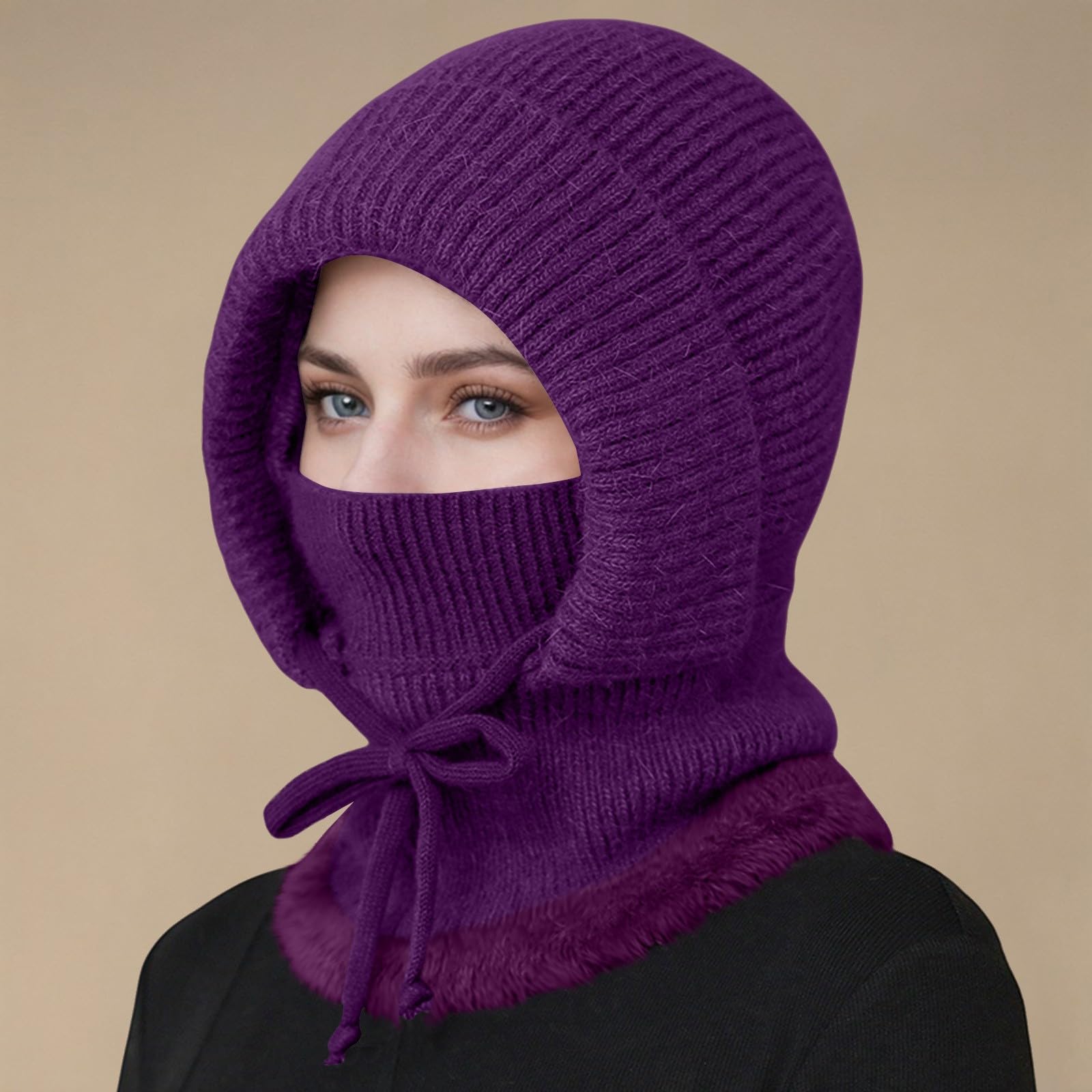 Générique Bonnet Tricot Femme d'hiver, Cagoule 3 en 1 avec Écharpe à Capuche, Chapeaux Hiver Chauds et Élastiques en Laine pour Femmes, Cagoule Balaclava Masque Thermique pour Ski, Cyclisme Outdoor