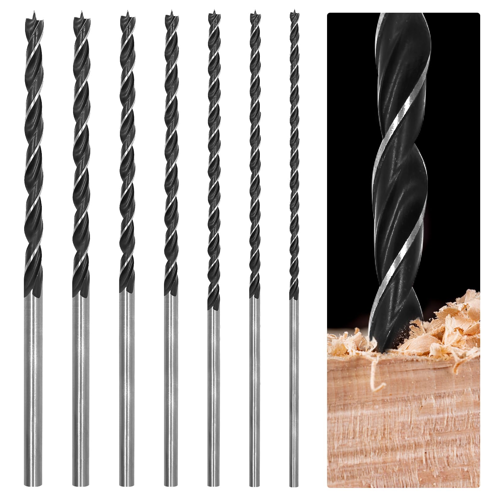 Set 7 Punte Trapano Per Legno Extra Lunghe (300 Mm) - Diametri 4,5,6,7,8,10,12 Mm Per Fori Profondi