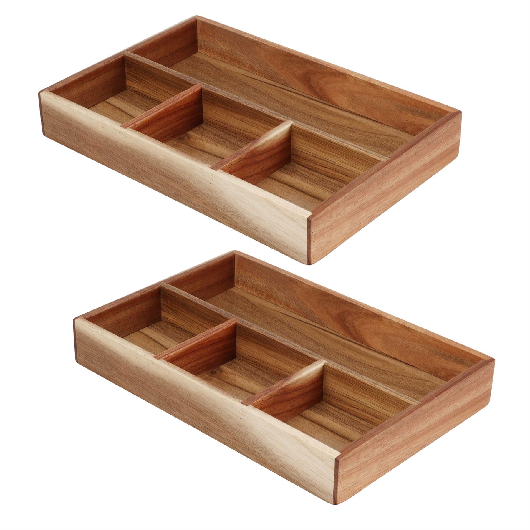 Carousel Home Natural Pack Of 2 Acacia Wood Drawer Organisers | Wooden 4 Compartment Draw Dividers Wooden Storage Boxes | Storage For Cutlery, Makeup & Office Desk - 30X20cm